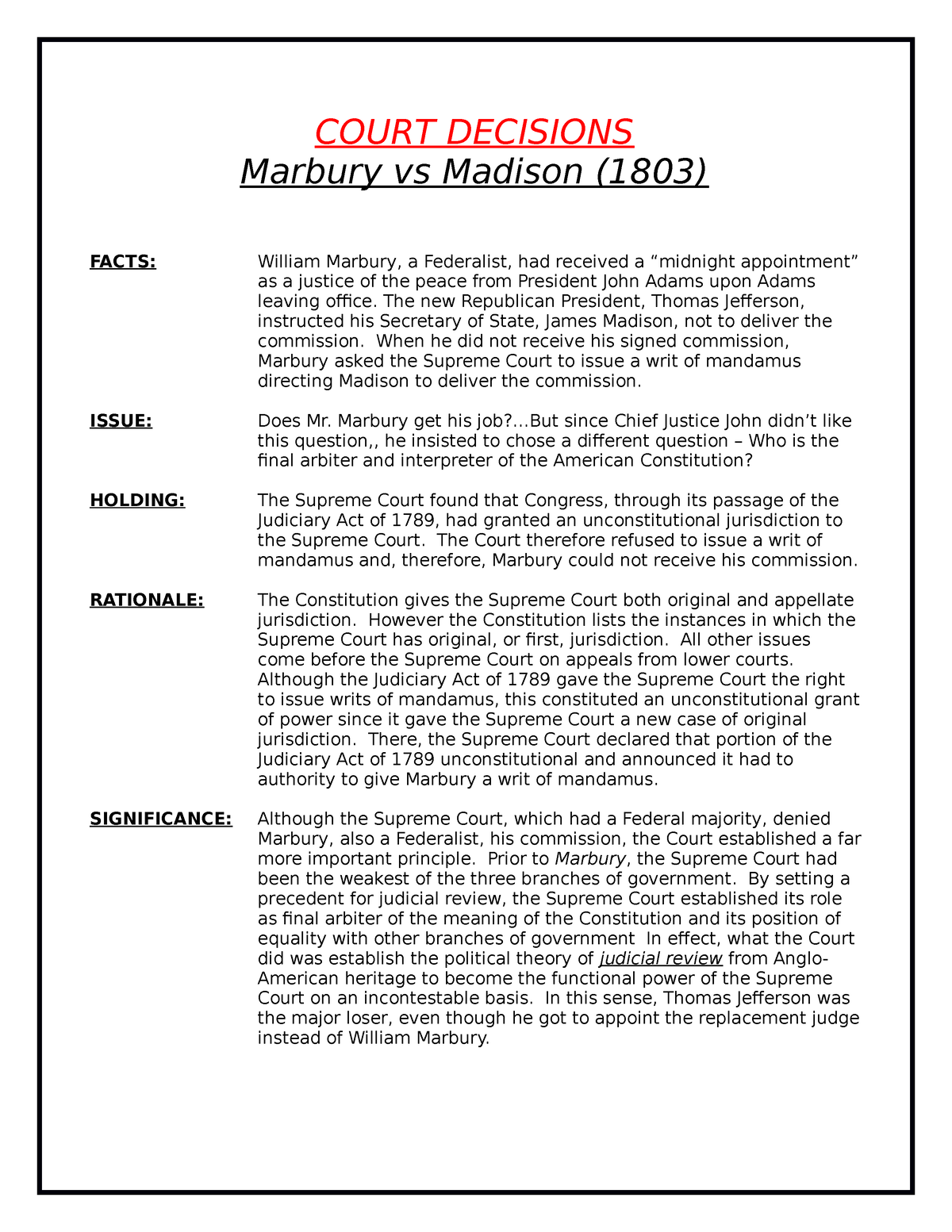 Court decisions american history COURT DECISIONS Marbury vs