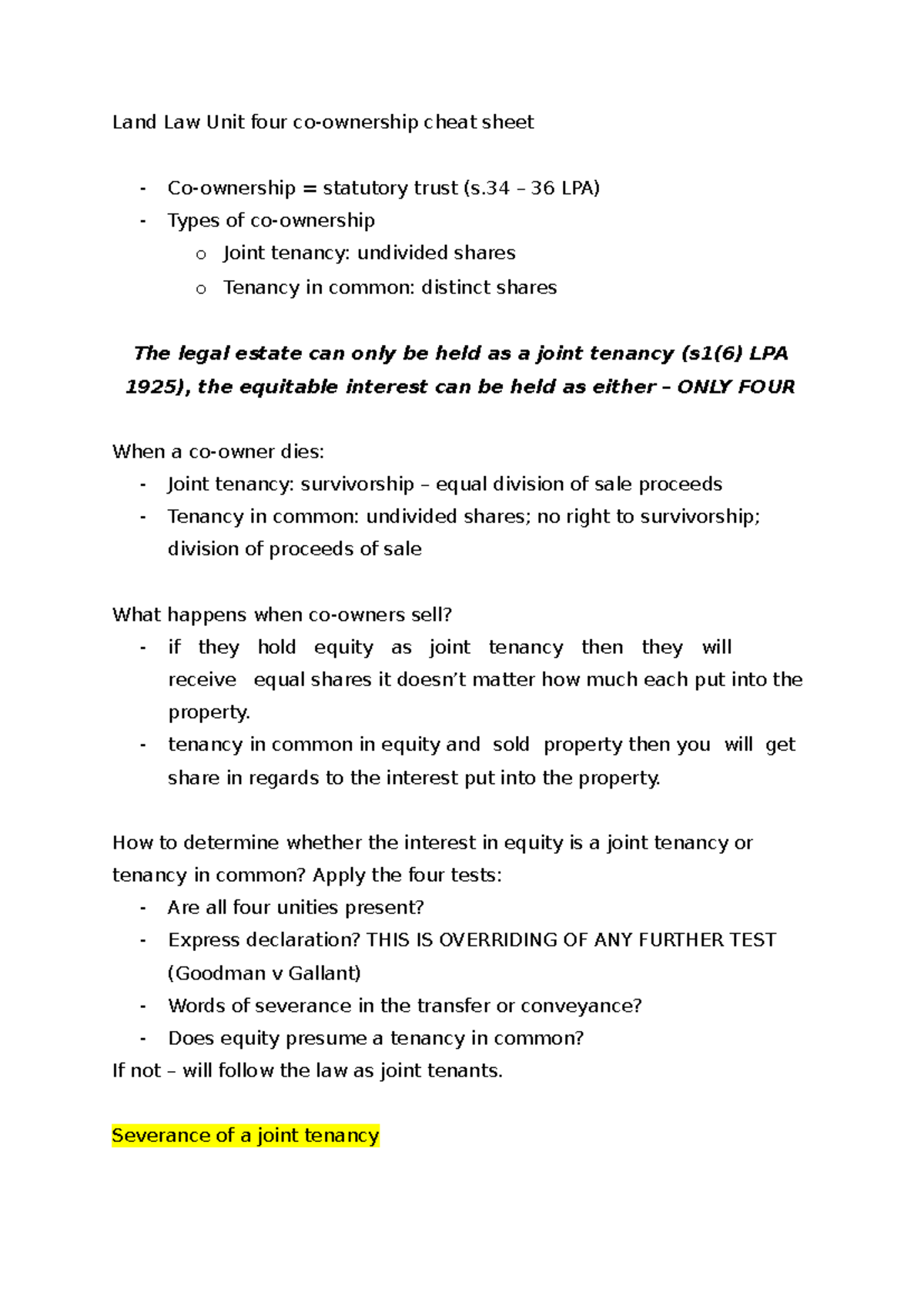 Land Law Unit four co - summary for co-ownership - Land Law Unit four ...
