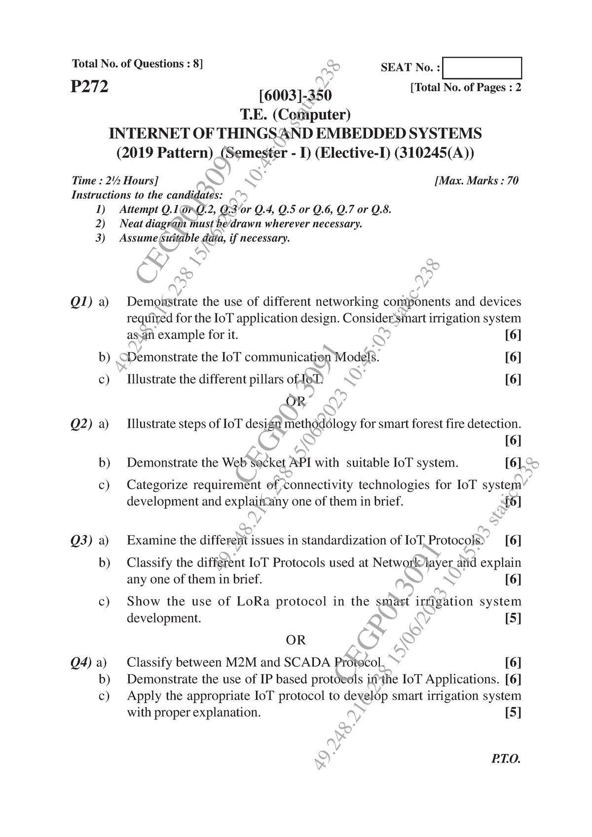 Iot question paper - iot - [6003]-350 1 Total No. of Questions : 8 ...