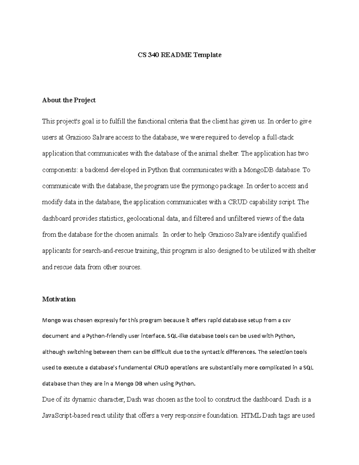 CS 340 Readme Template Project 2 - CS 340 README Template About the ...