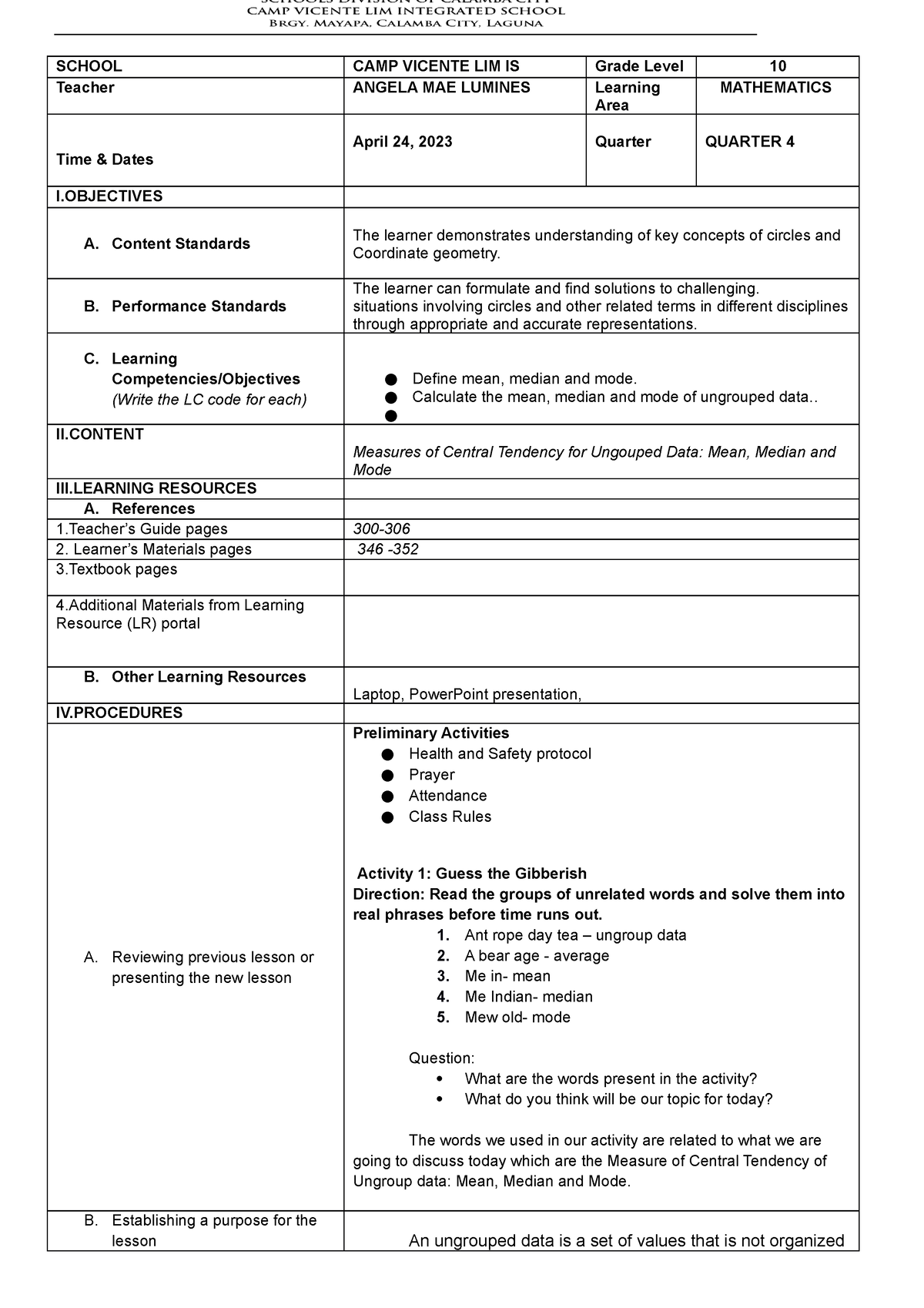 Q4 Measures of Central Tendency Mean Median Mode DLP - SCHOOL CAMP ...