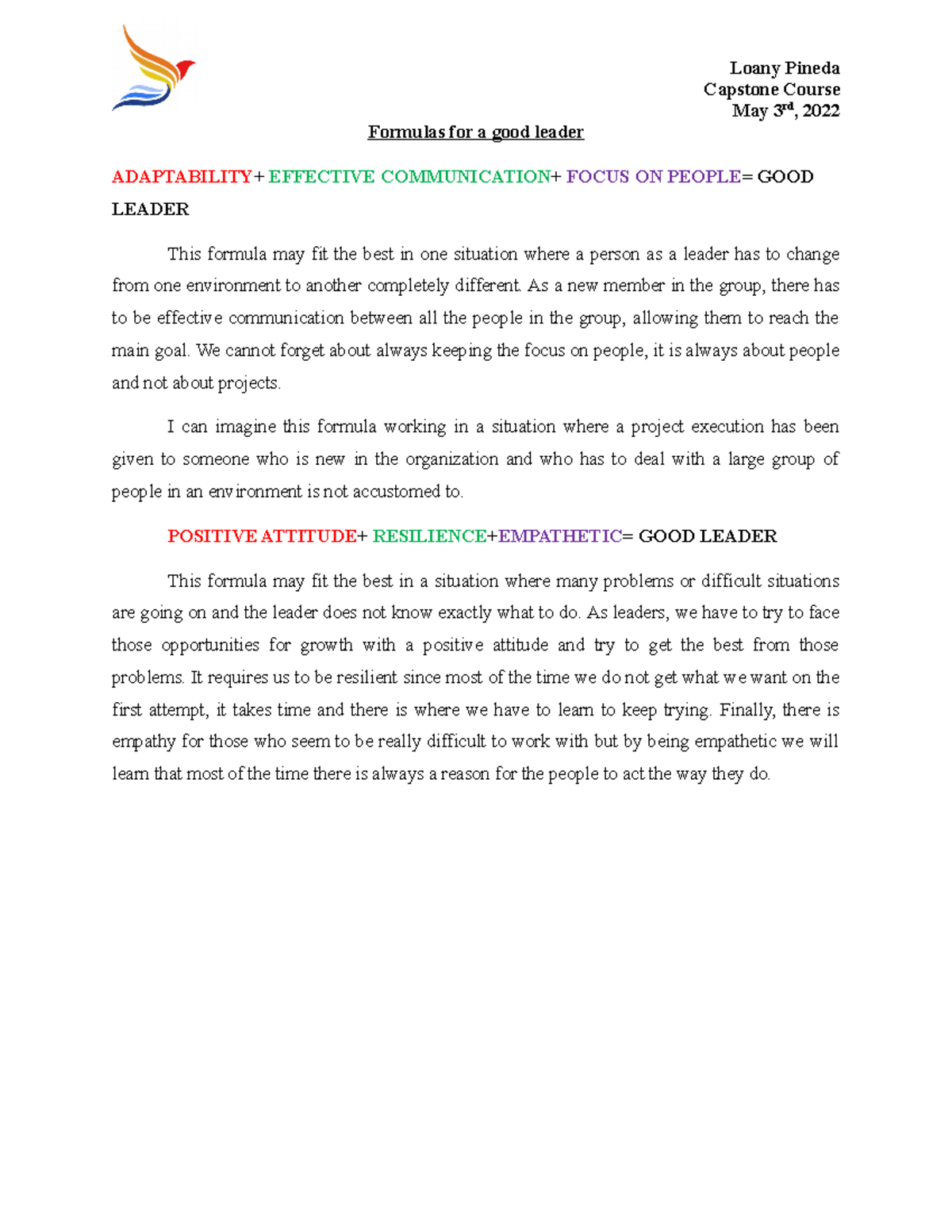 Formulas for a good leader - Loany Pineda Capstone Course May 3rd, 2022 ...