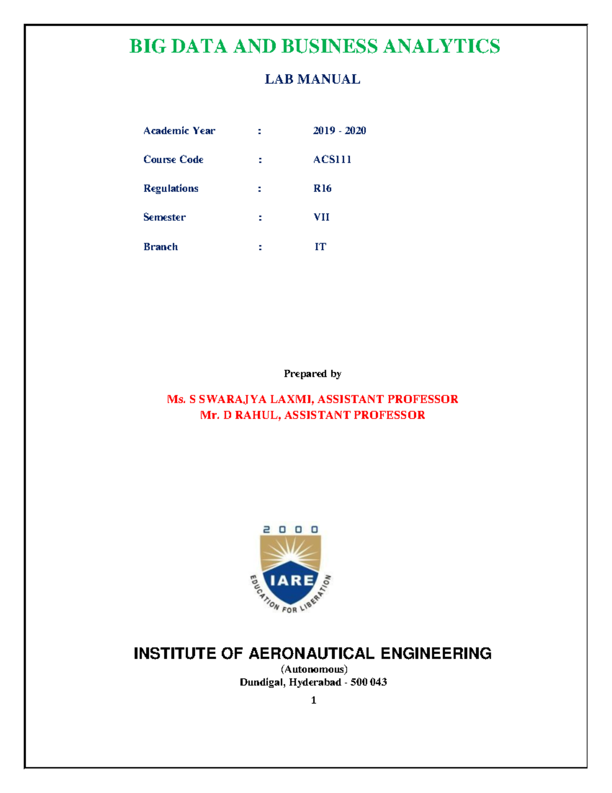 IARE Bigdata LAB Manual BIG DATA AND BUSINESS ANALYTICS LAB MANUAL