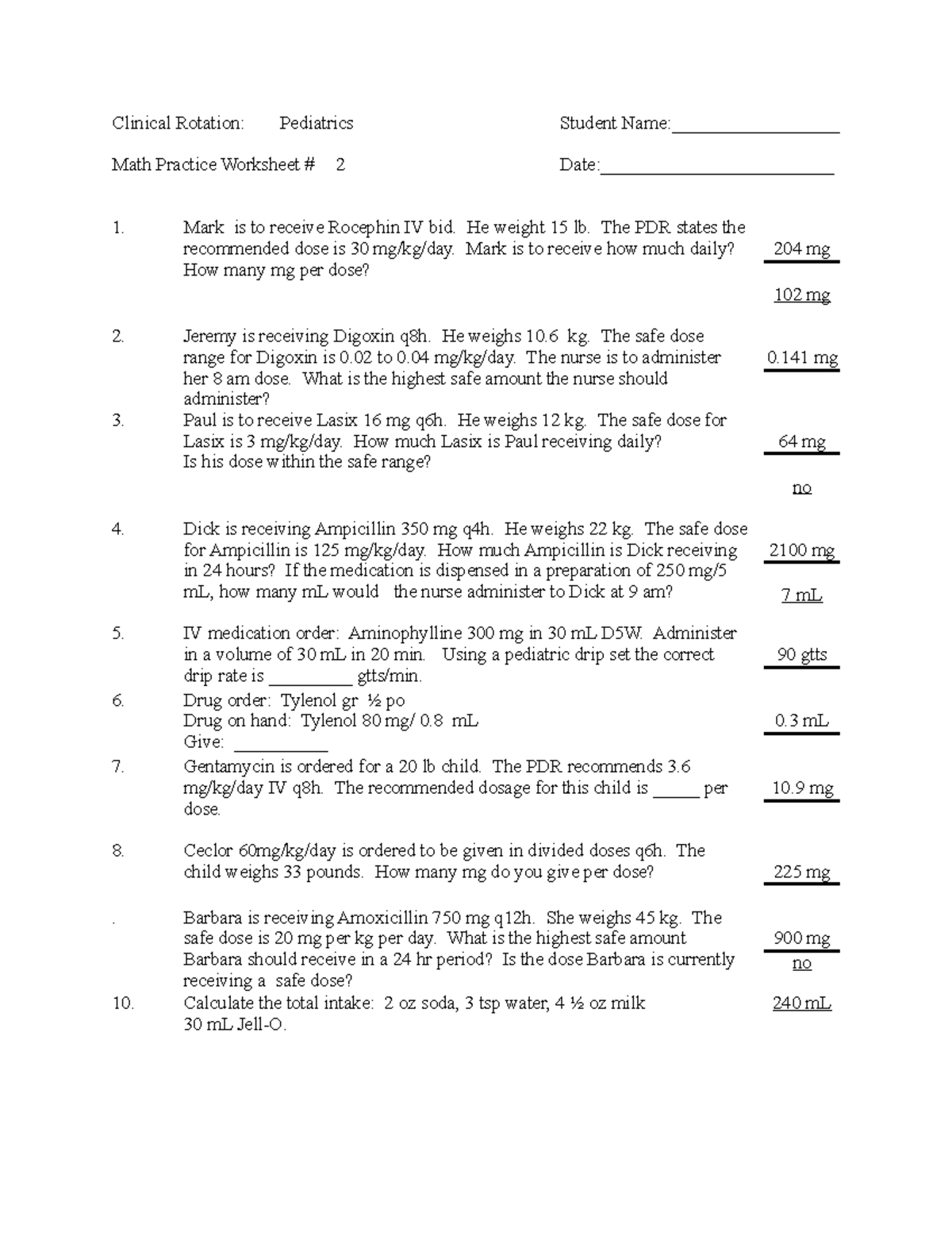 Peds2 3-09 - notes - Clinical Rotation: Pediatrics Student Name ...