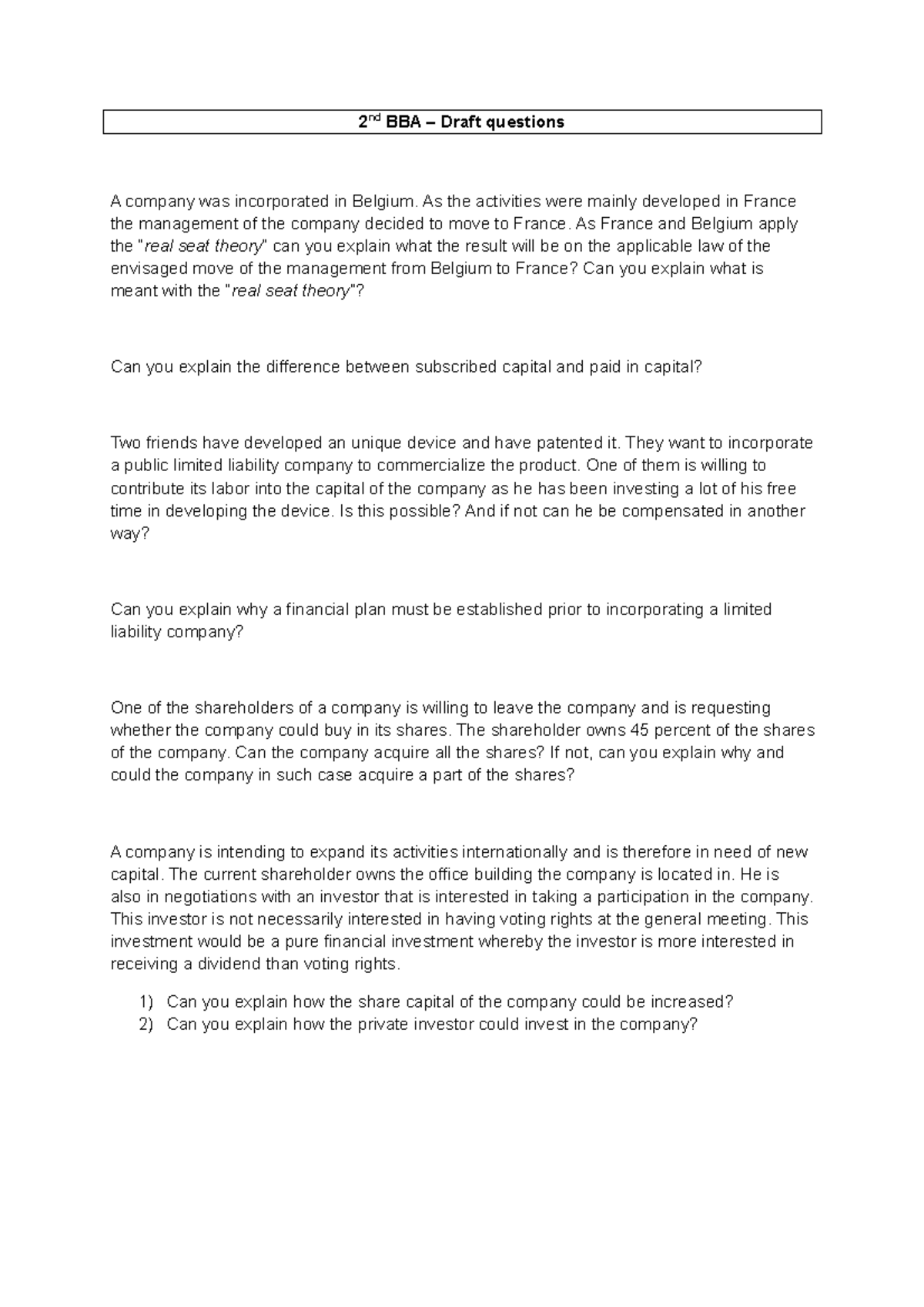 possible exam questions and answers - 2 nd BBA – Draft questions A ...