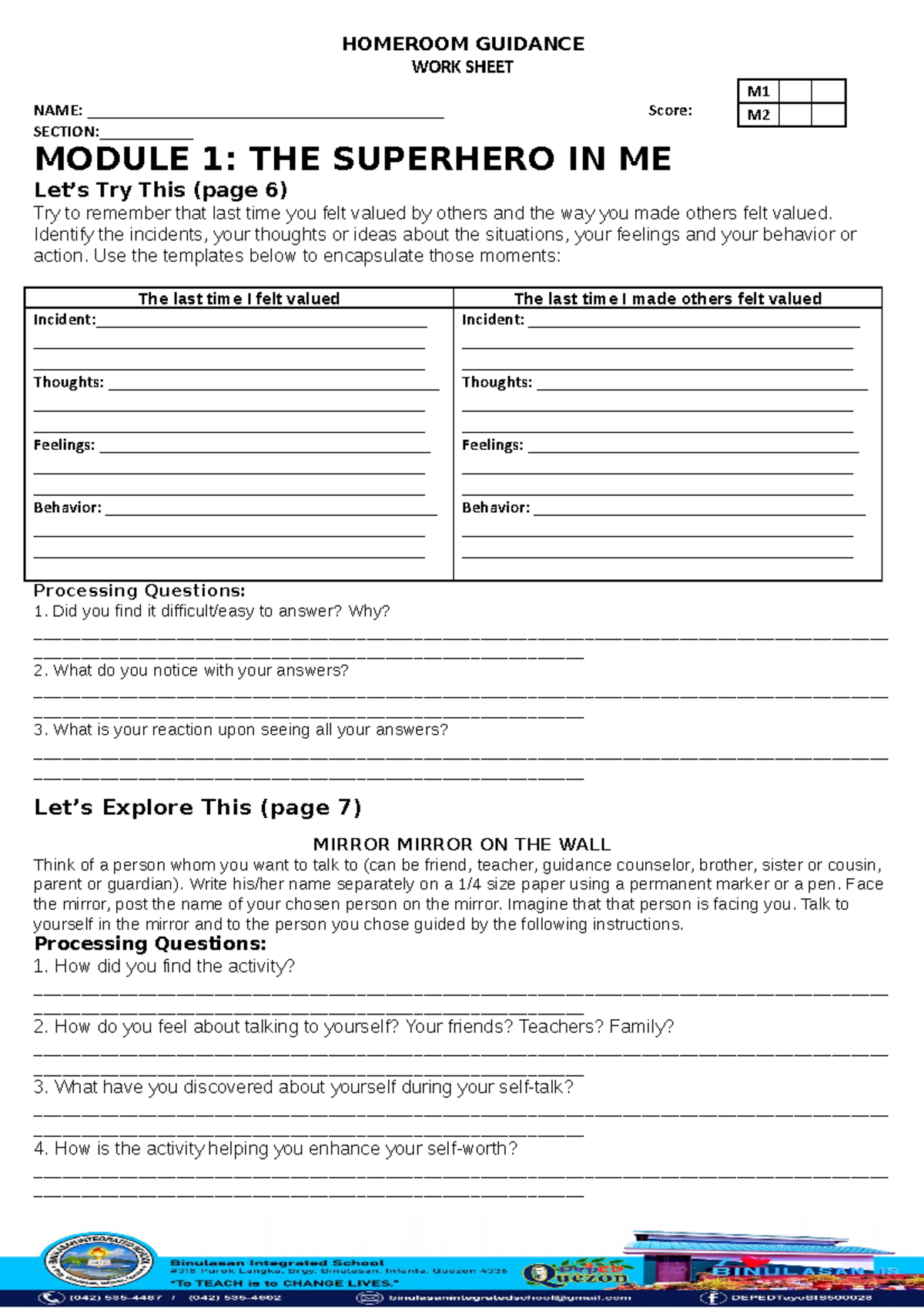 Homeroom guidance worksheets m1 and m2 - HOMEROOM GUIDANCE WORK SHEET ...