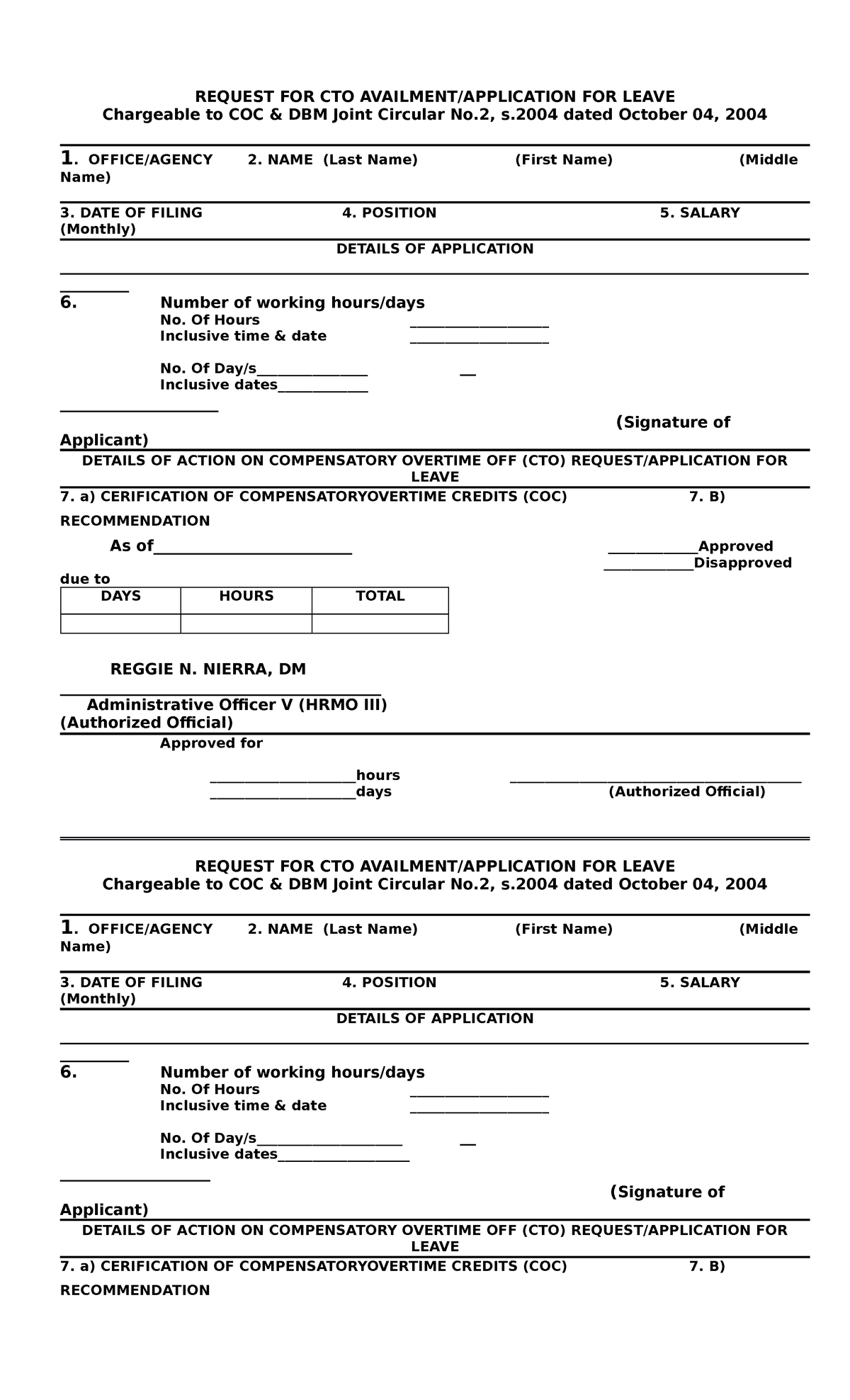 PalitARAWFORM notes REQUEST FOR CTO AVAILMENT/APPLICATION FOR