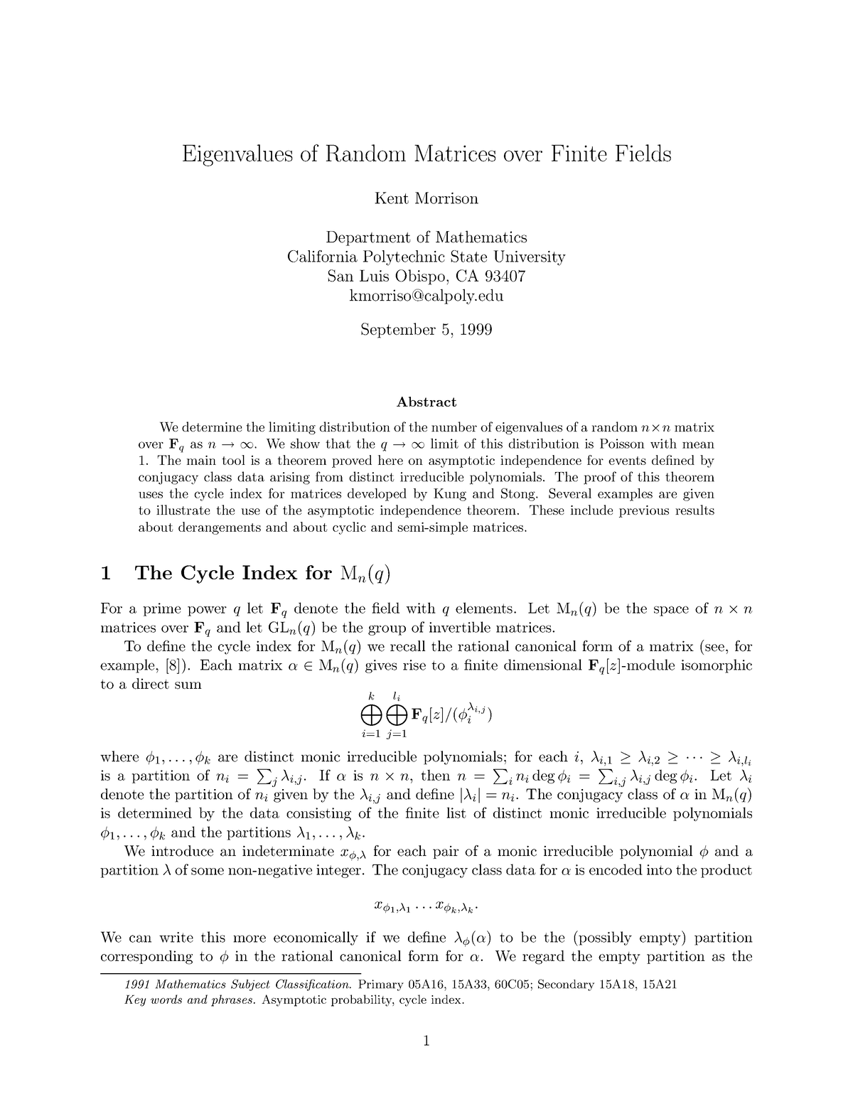 Eigenvalues Of Random Matrices Over Finite Fields - Cal Poly San ...