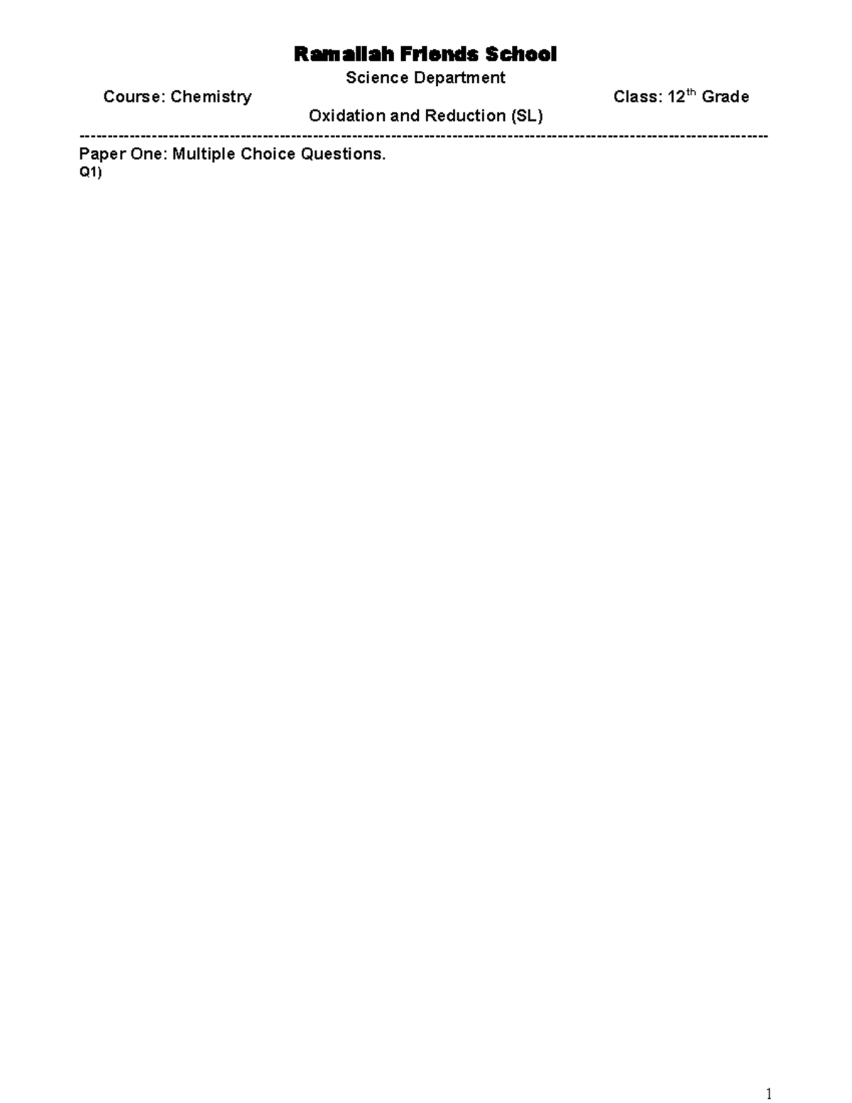 Oxidation and Reduction SL Paper One - CHEM253 - Ramallah Friends ...