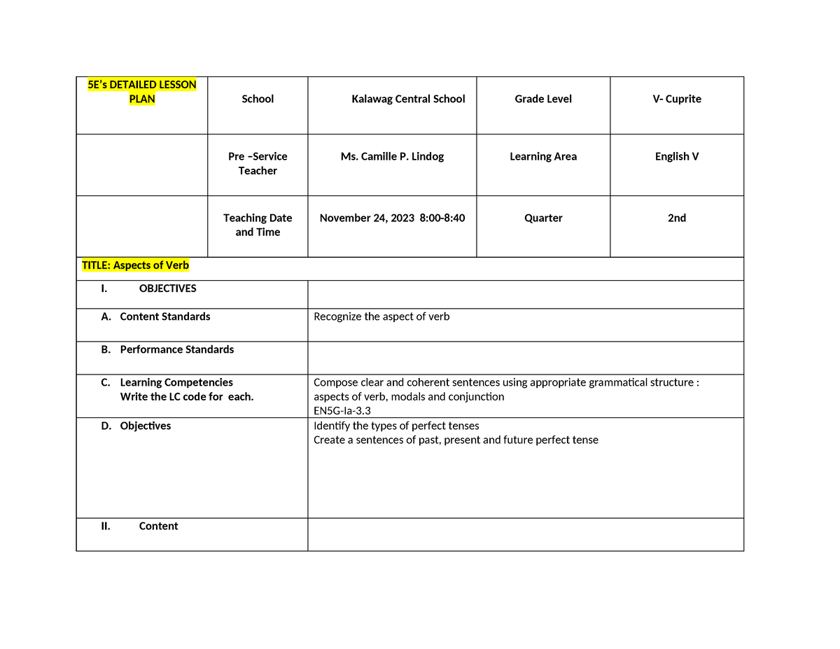 5ES Detailed Lesson PLAN IN English Lindog - 5E’s DETAILED LESSON PLAN ...