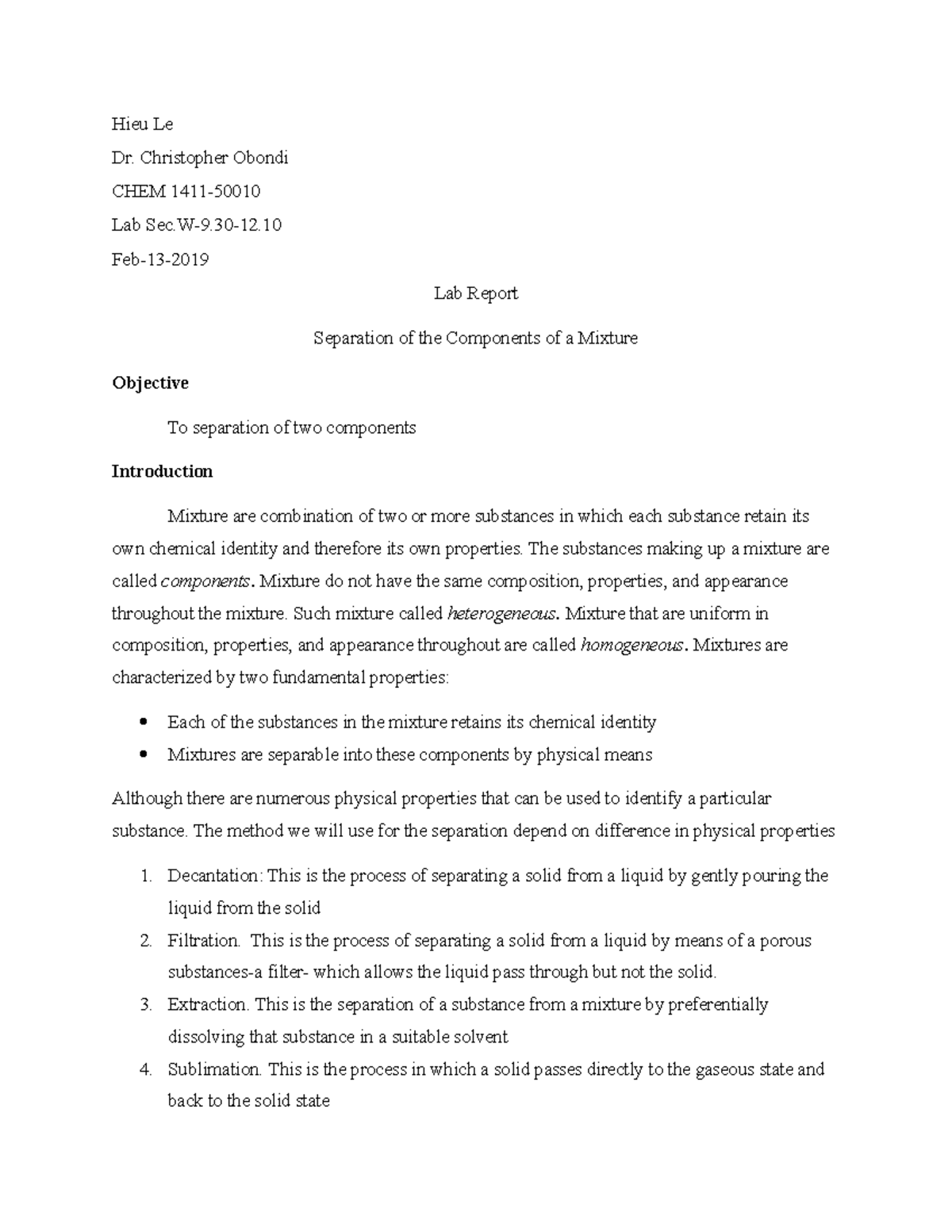 Chem 1411-Lab Report - Hieu Le Dr. Christopher Obondi CHEM Lab Lab ...