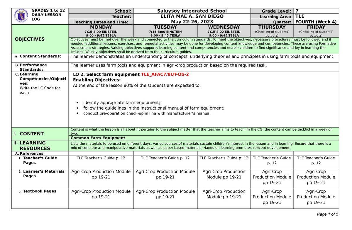 TLE DLL Q4 W4 - dll - GRADES 1 to 12 DAILY LESSON LOG School: Saluysoy ...