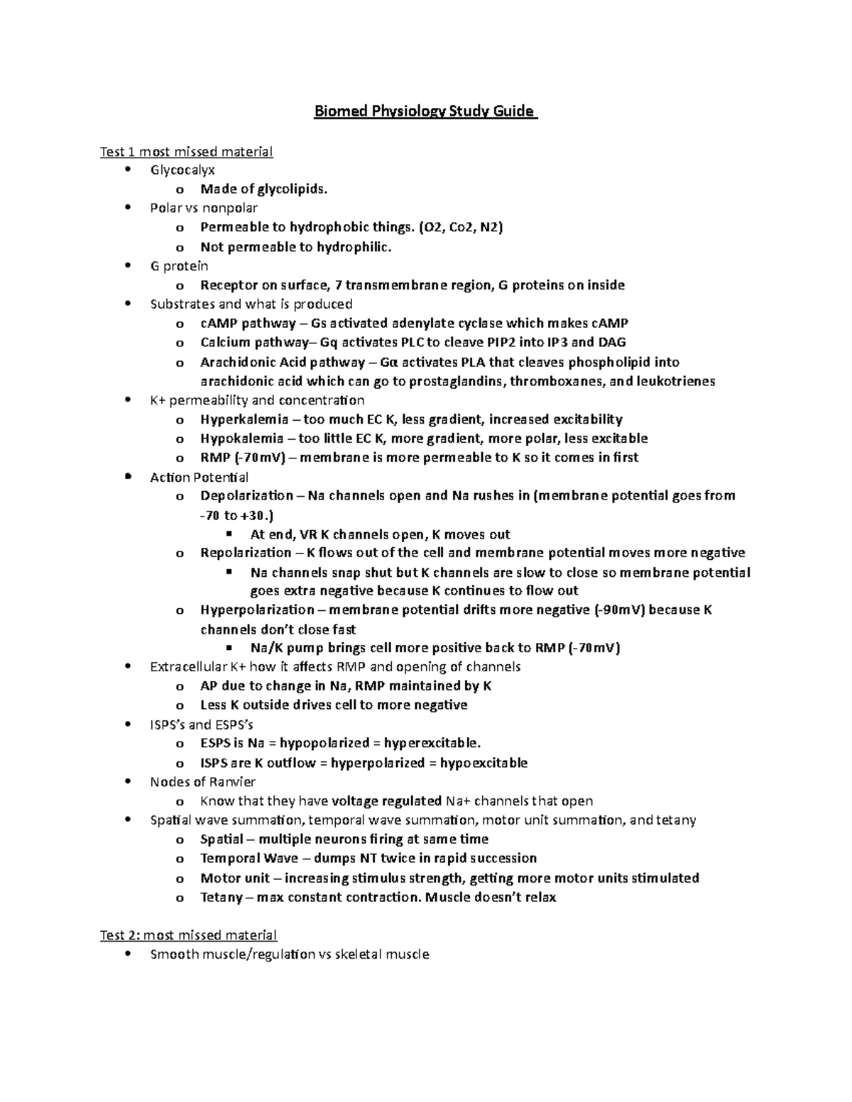 Biomedical Physiology Rough Study Guide Final Exam Biomed Physiology