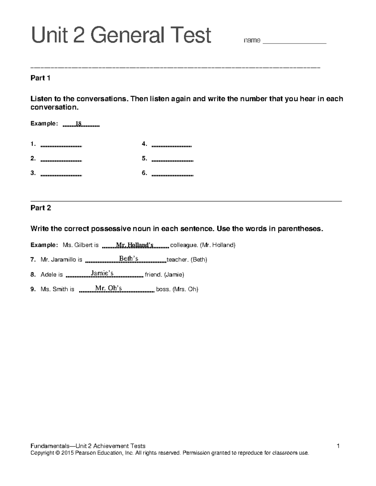 Top Notch Fundamentals Unit 2 Assessment Unit 2 General Test name
