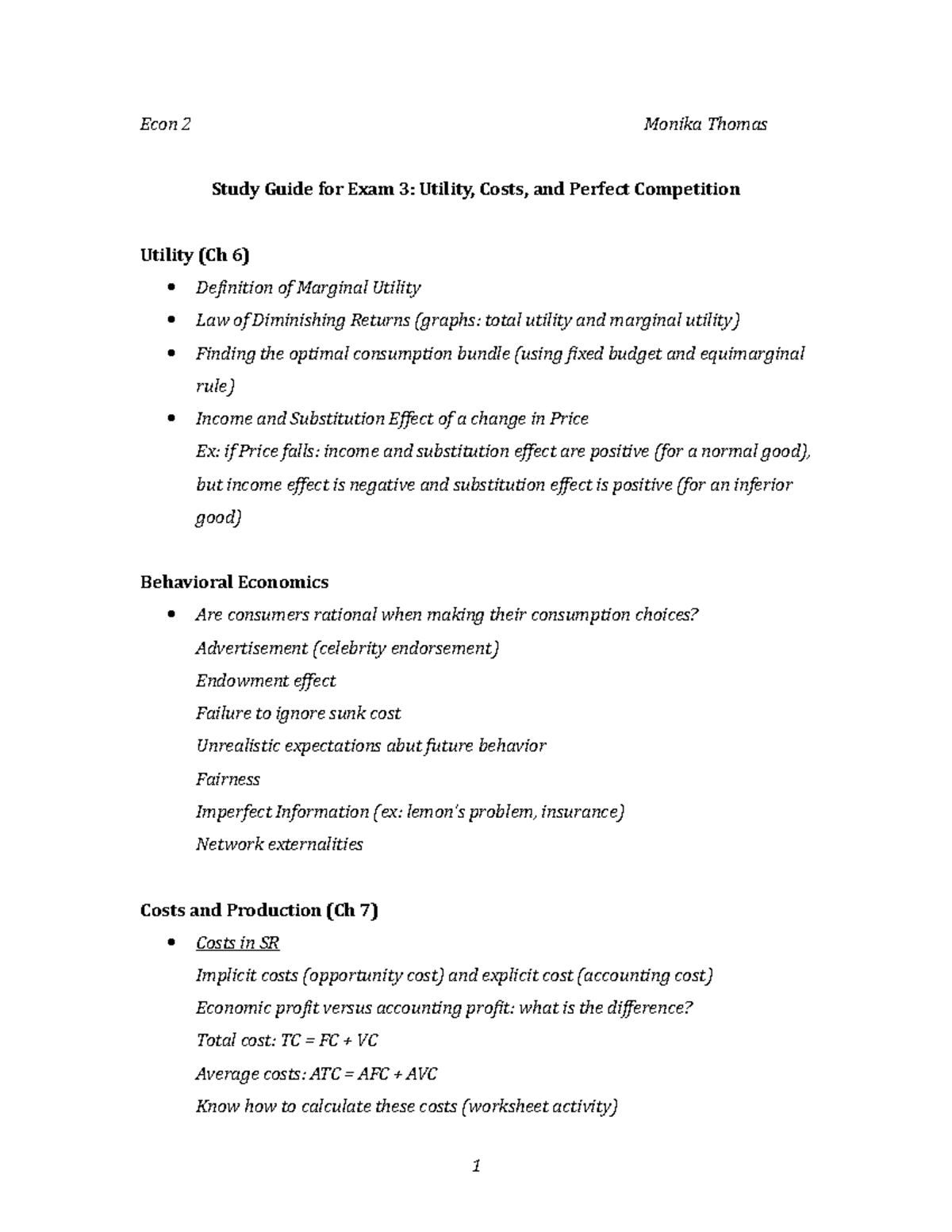Study Guide Micro exam 3 - Econ 2 Monika Thomas Study Guide for Exam 3 ...