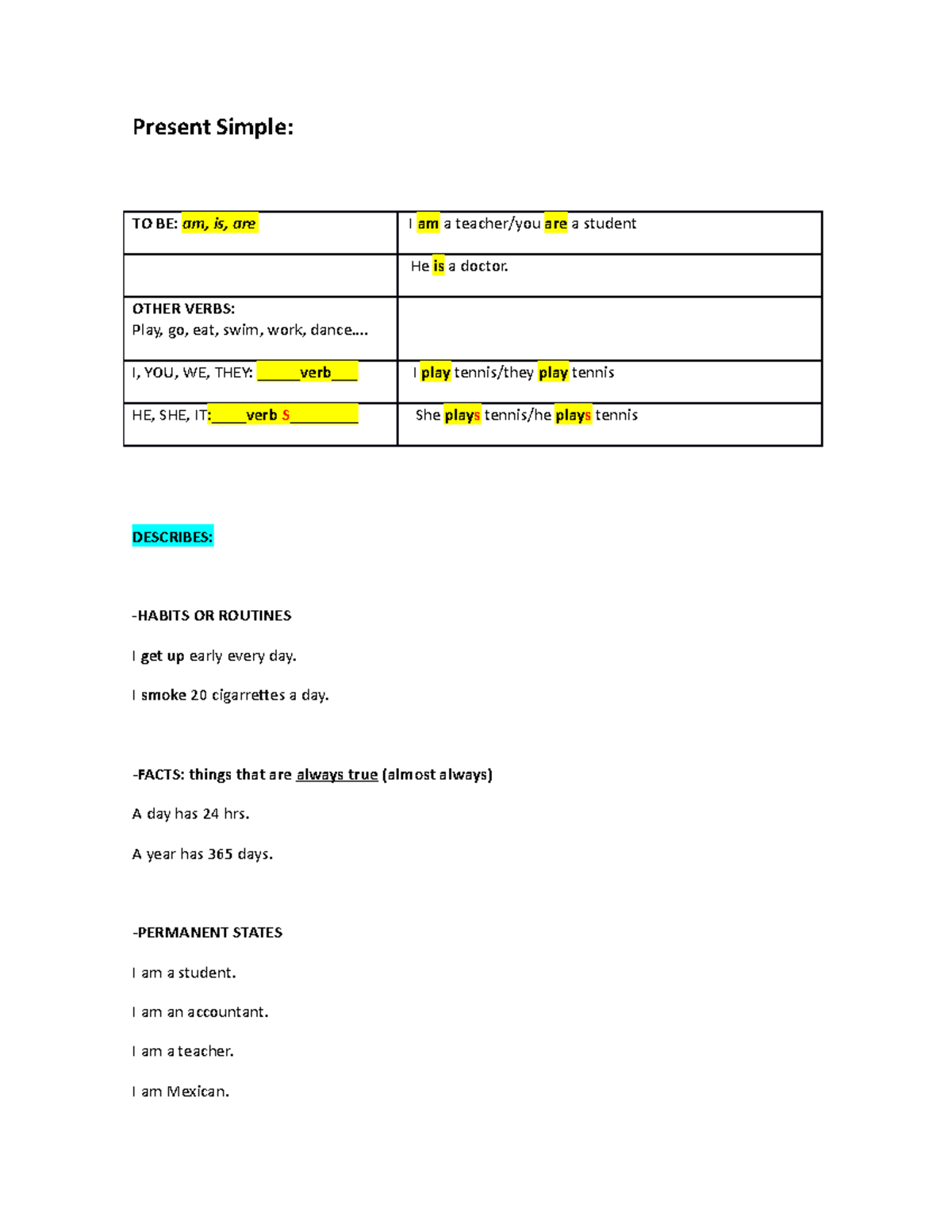 Present Simple - Present Simple: TO BE: am, is, are I am a teacher/you ...