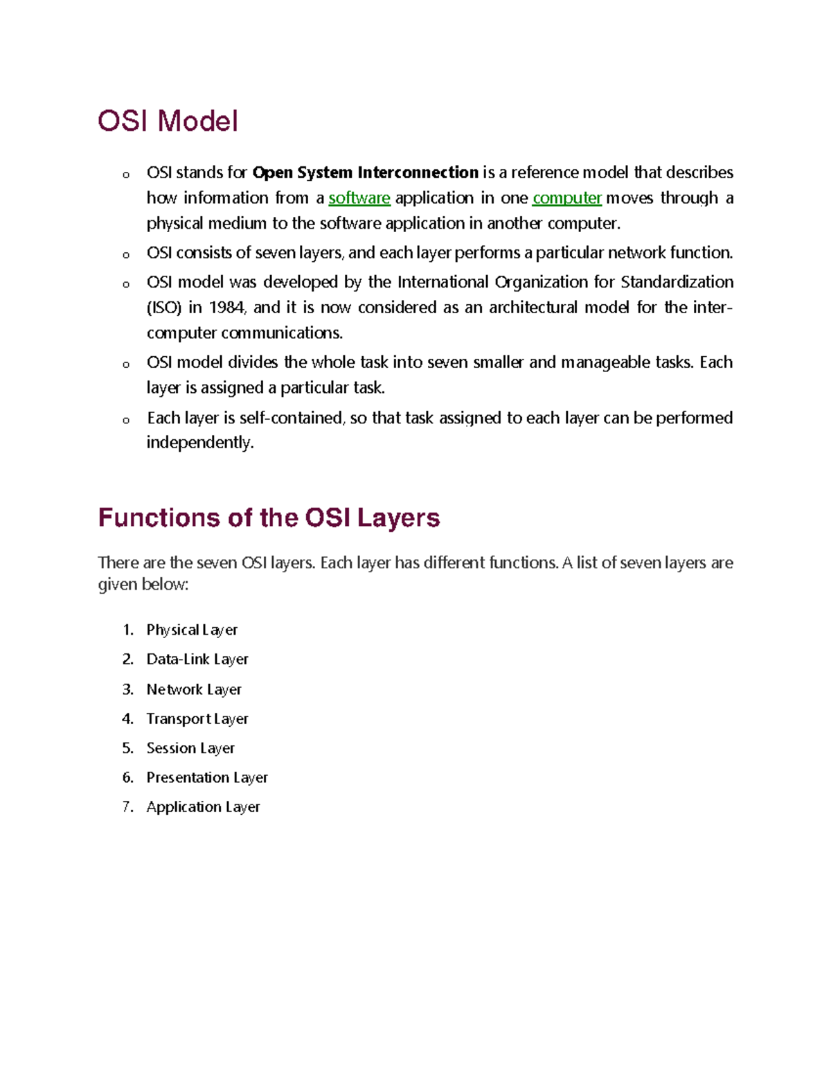 OSI Model - OSI Model o OSI stands for Open System Interconnection is a ...