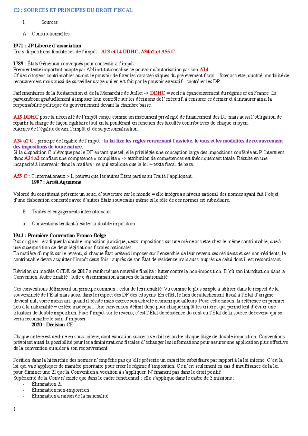C2 DROIT FISCAL - C2 : SOURCES ET PRINCIPES DU DROIT FISCAL I. Sources ...