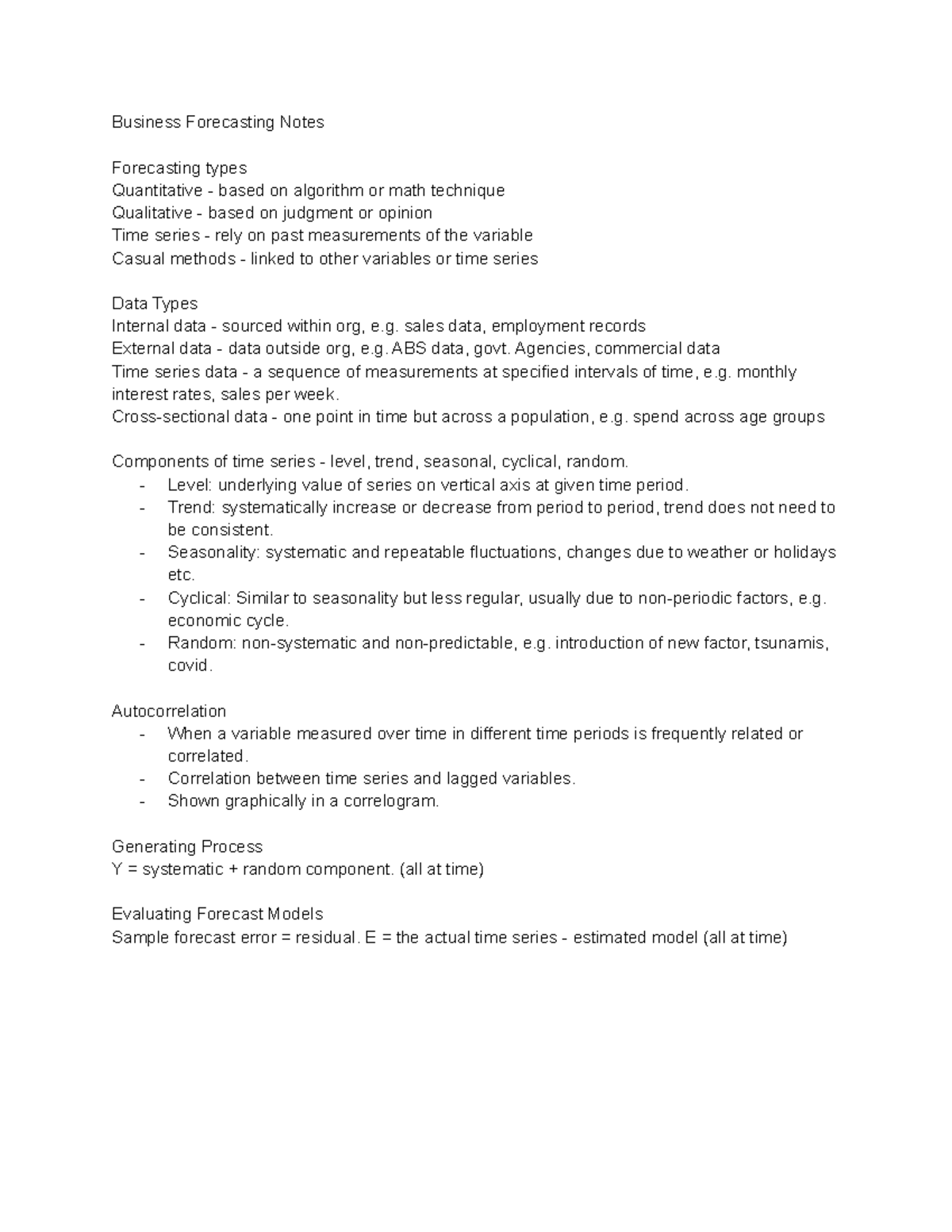 Untitled document - Business Forecasting weeks 1-3 notes - Business ...