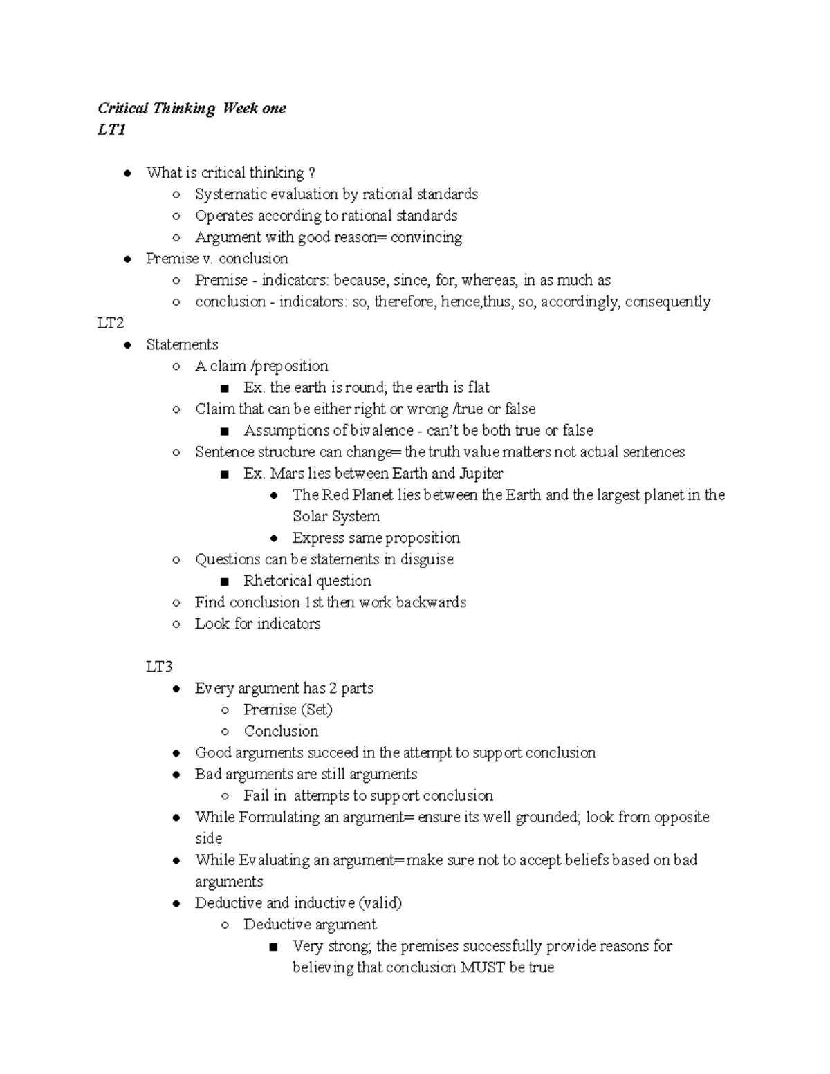 Critical Thinking WK1 - Lecture notes Week one - Critical Thinking Week ...