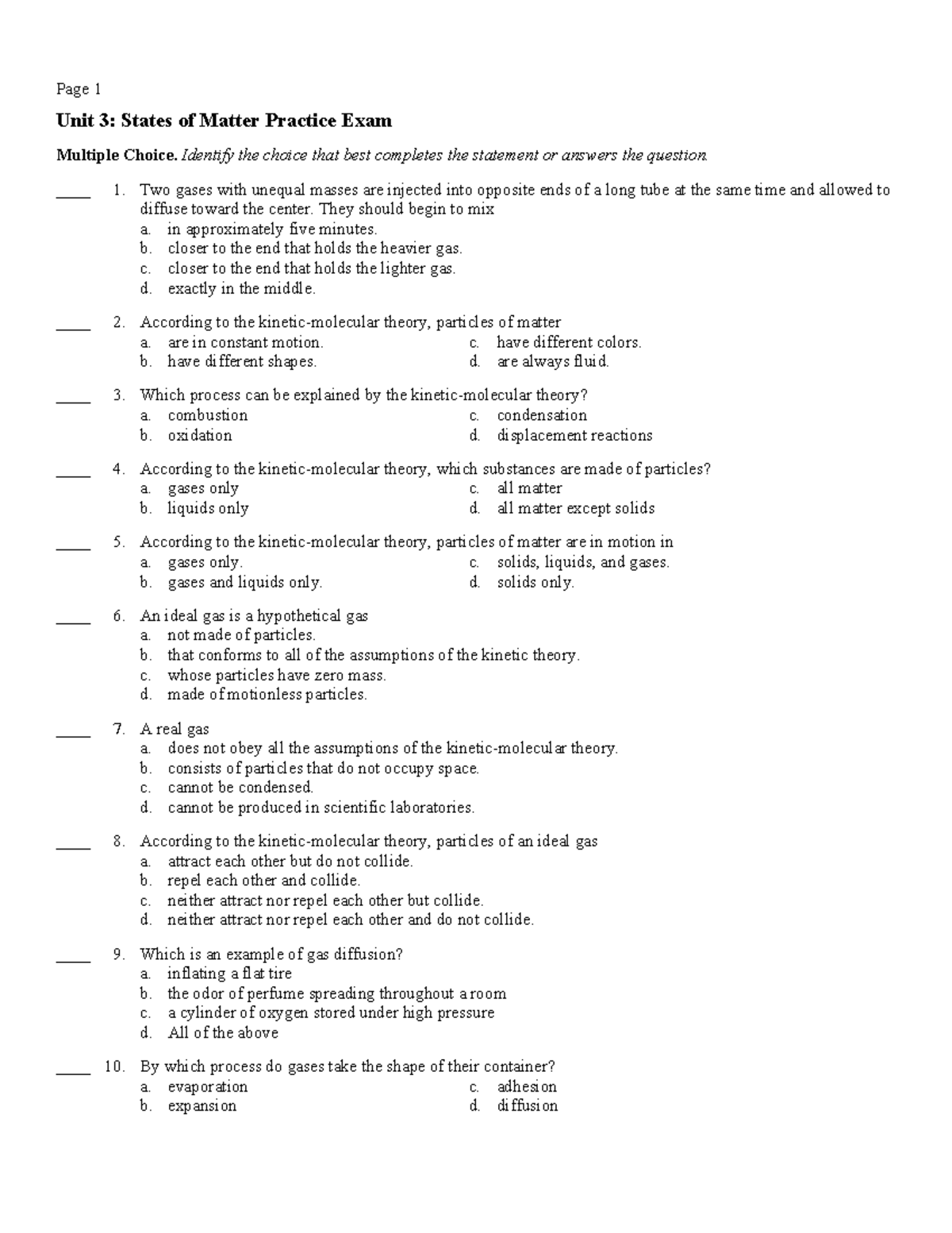 Chem Unit 3 Practice Exam - Page 1 Unit 3: States of Matter Practice ...