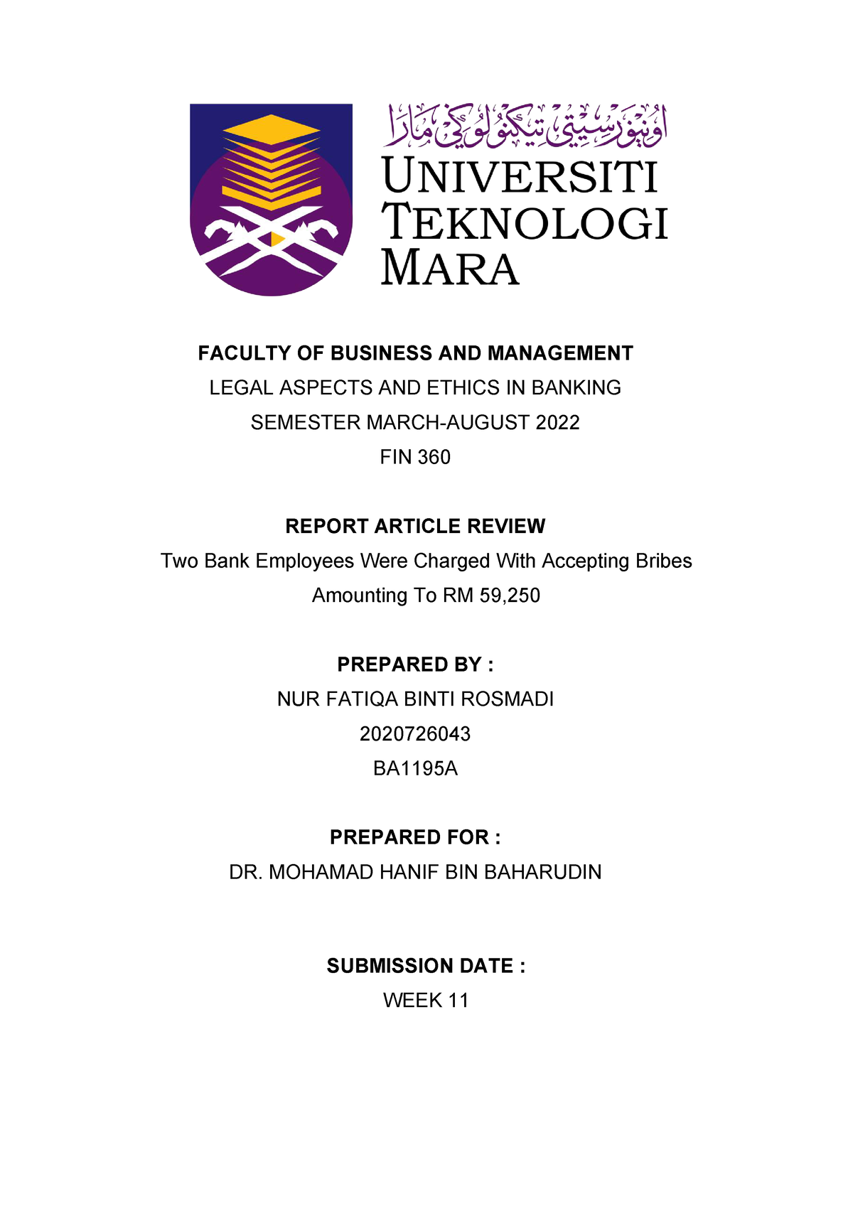 Report Article FIN360 - Assignment Individuals FIN 360 Universiti ...