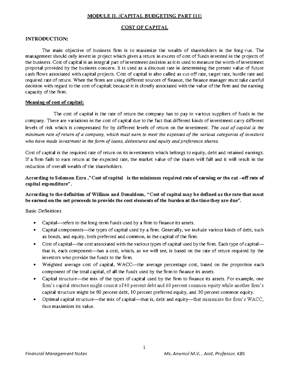 FM 3.2 Cost of capital 2 - 1 MODULE II. (CAPITAL BUDGETING PART I11 ...