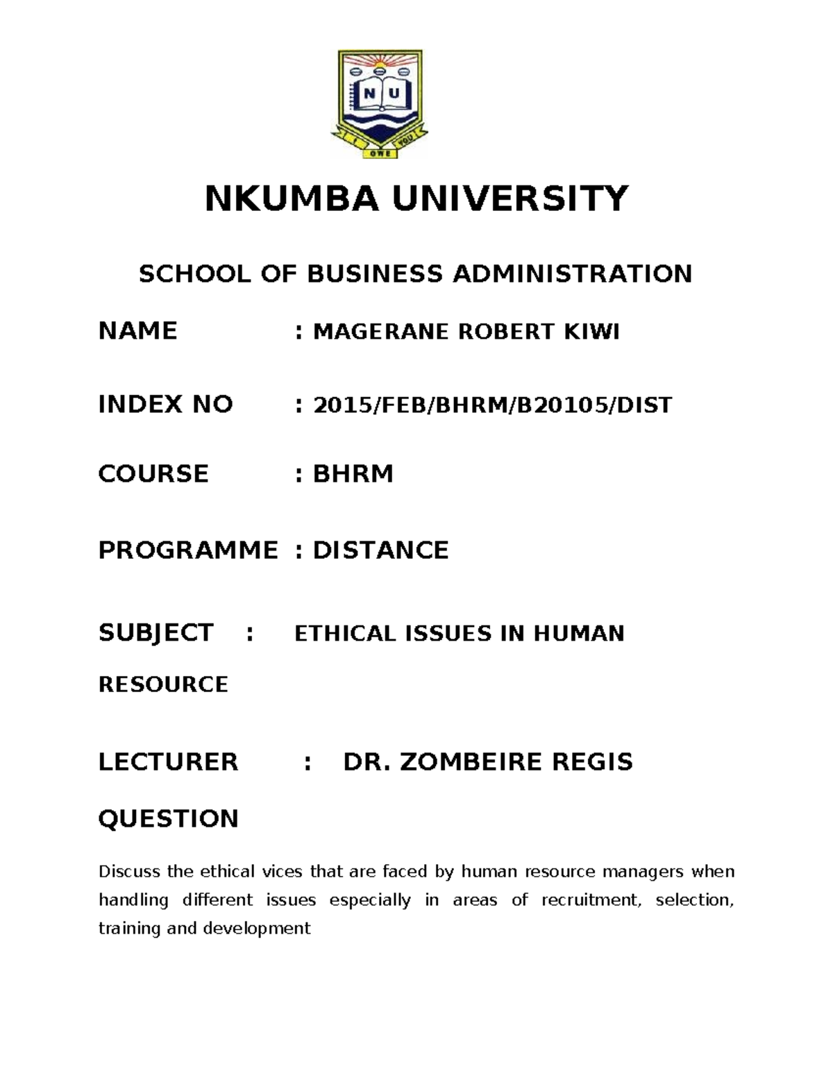 Ethical Issues IN Human Resource - NKUMBA UNIVERSITY SCHOOL OF BUSINESS ...