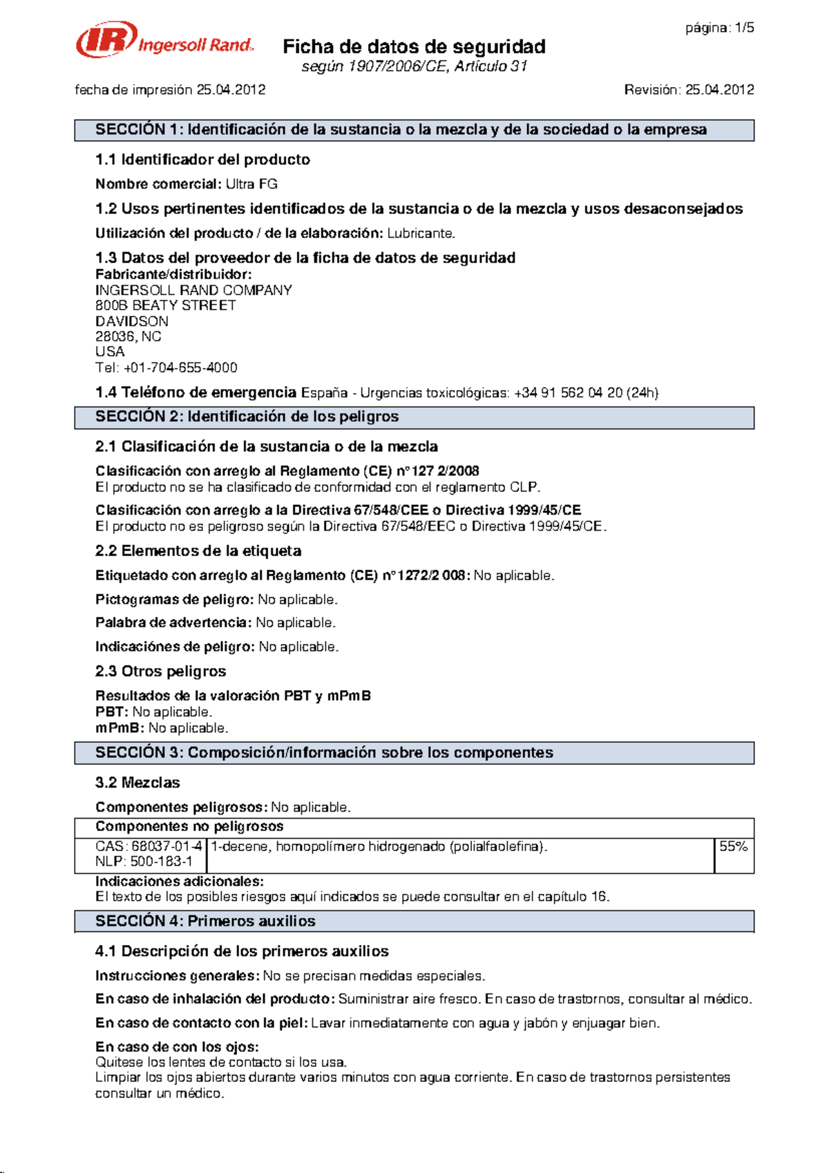 Ultra fg spanish sds 042512 Ficha de datos de seguridad según 1907