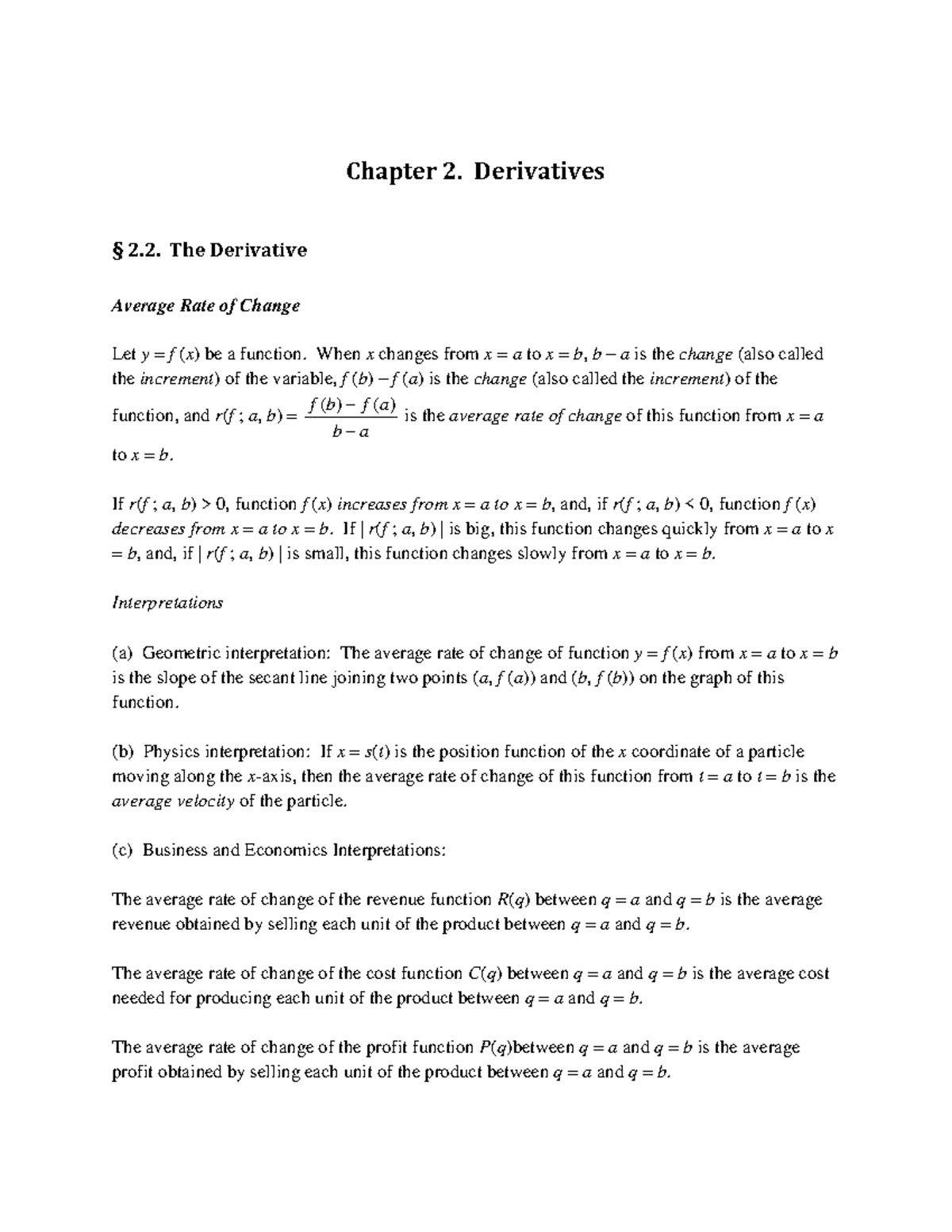 1300notes F 19 Chap2 Lecture Notes 1 8 Chapter Derivatives The Derivative Studocu