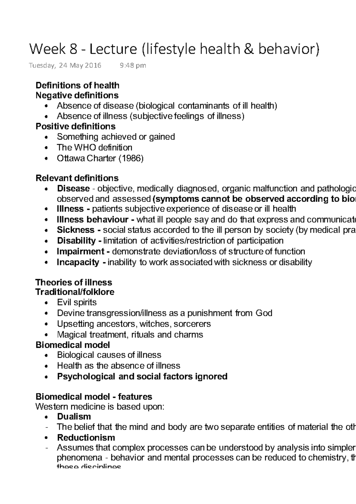 Week 8 - Lecture (lifestyle health & behavior) - Definitions of health ...
