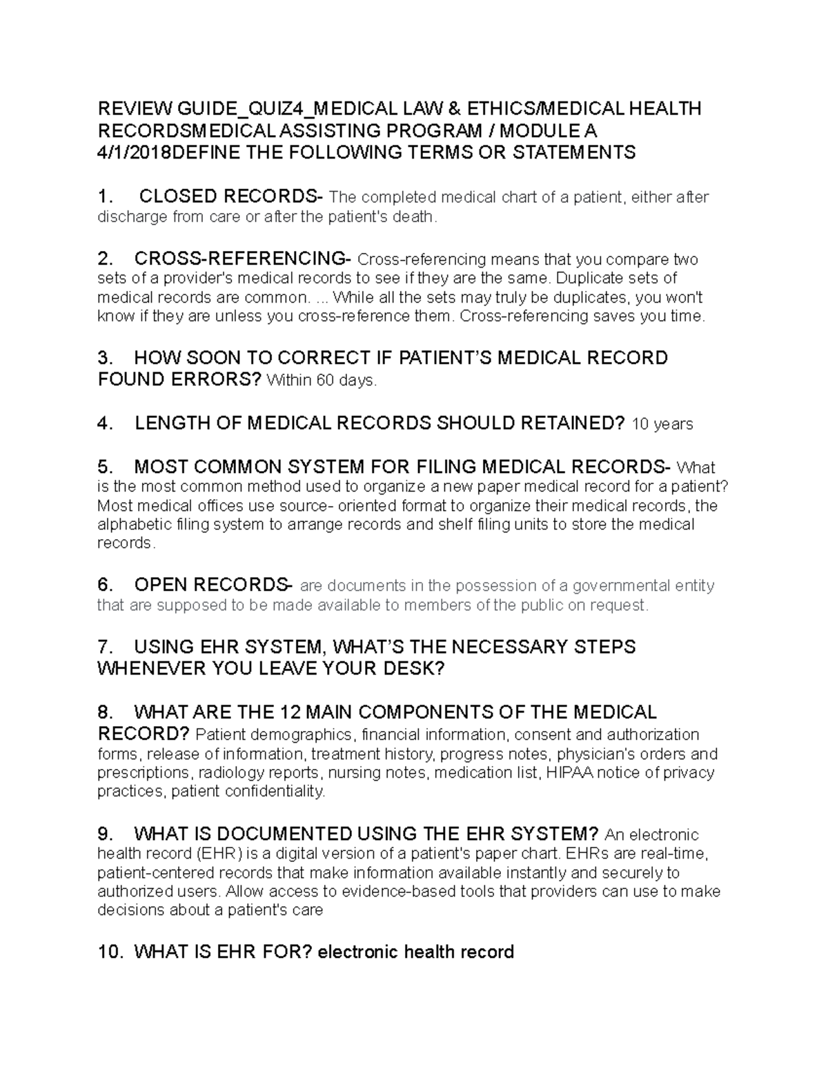 Quiz 4 medical law & ethics module A REVIEW GUIDE_QUIZ4_MEDICAL LAW