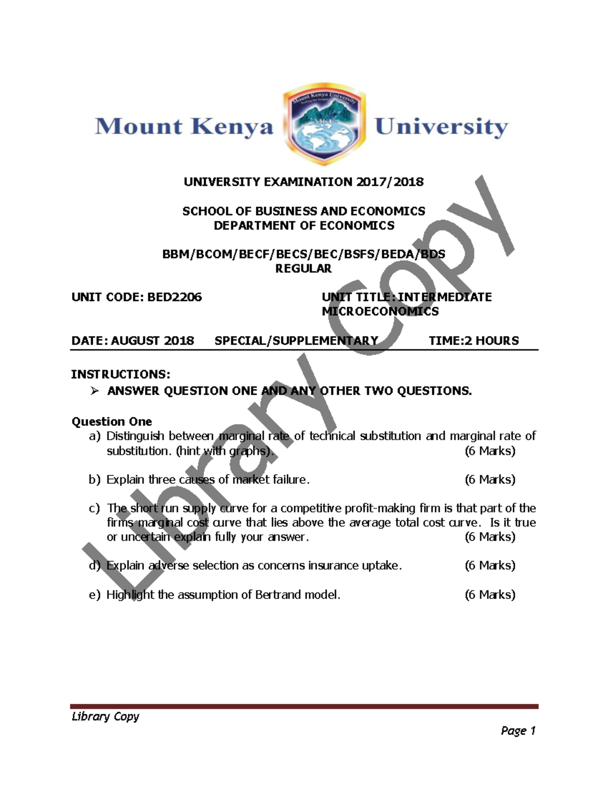 BED2206 Intermediate Microeconomics REG SUPP - Library Copy Page 1 ...