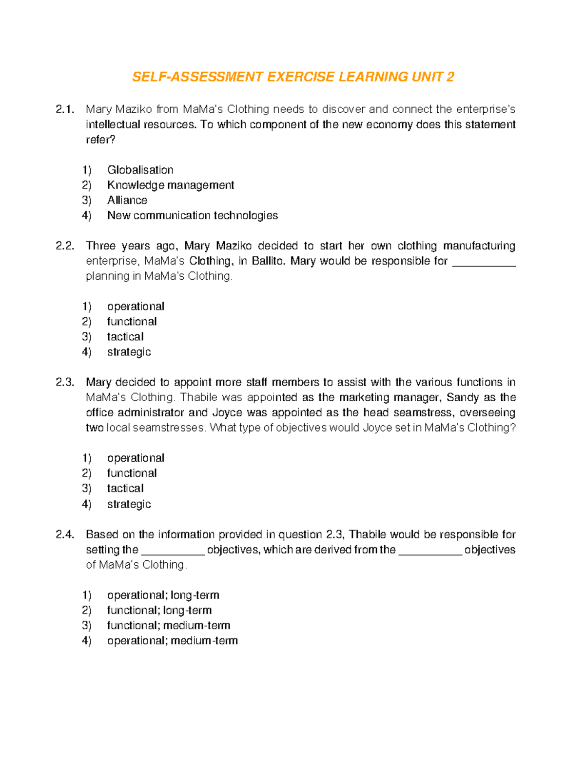 Self-assessment exercise Learning Unit 2 - SELF-ASSESSMENT EXERCISE ...