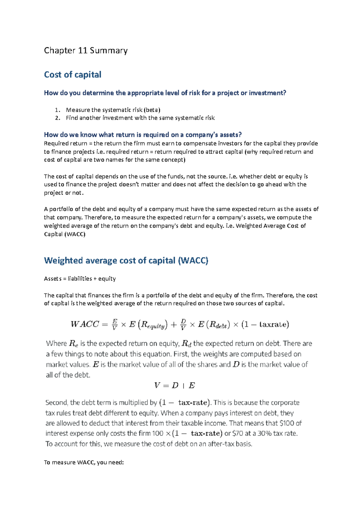 FINM1416 Chapter 11 Summary - Chapter 11 Summary Cost of capital How do ...