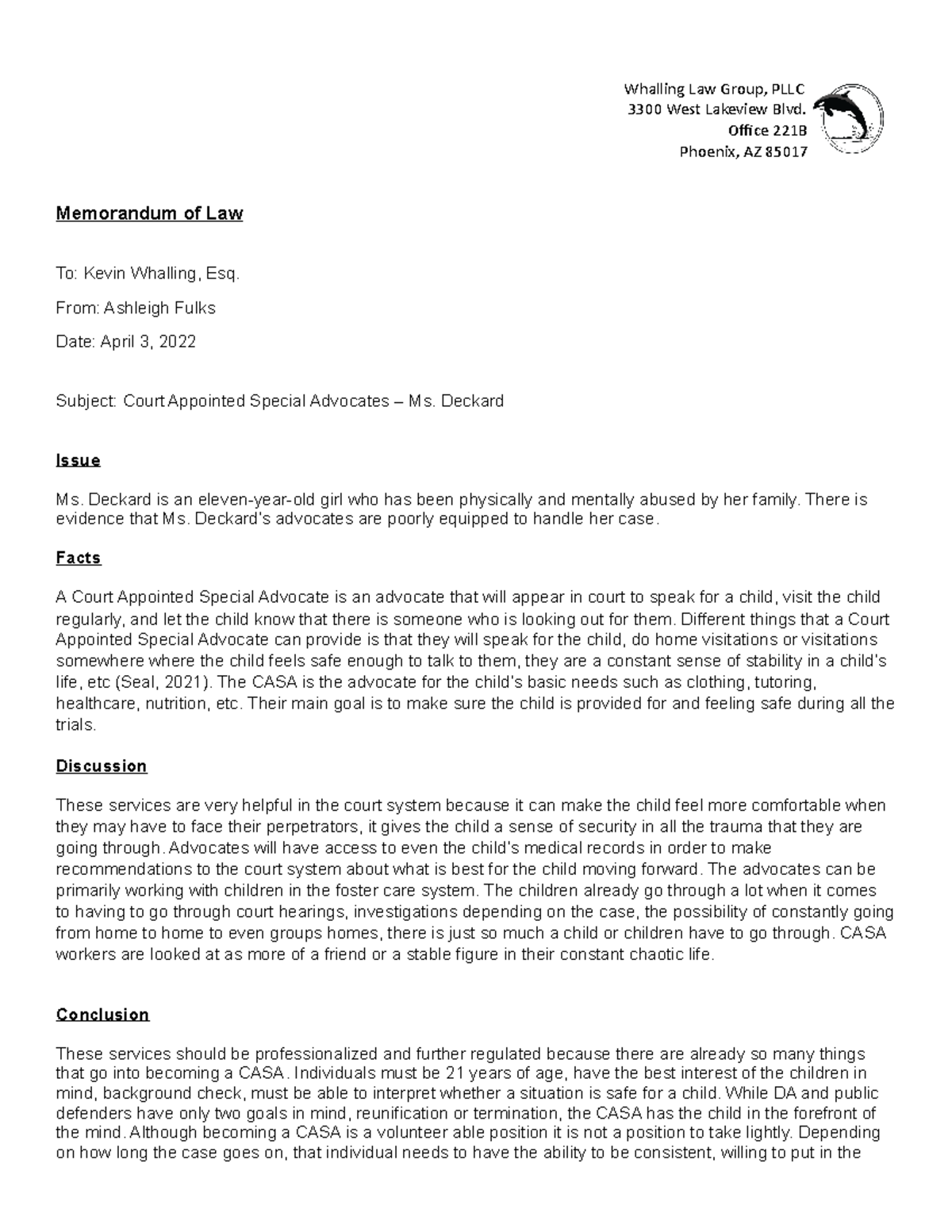 CASA Paper on CASA Whalling Law Group, PLLC 3300 West Lakeview Blvd