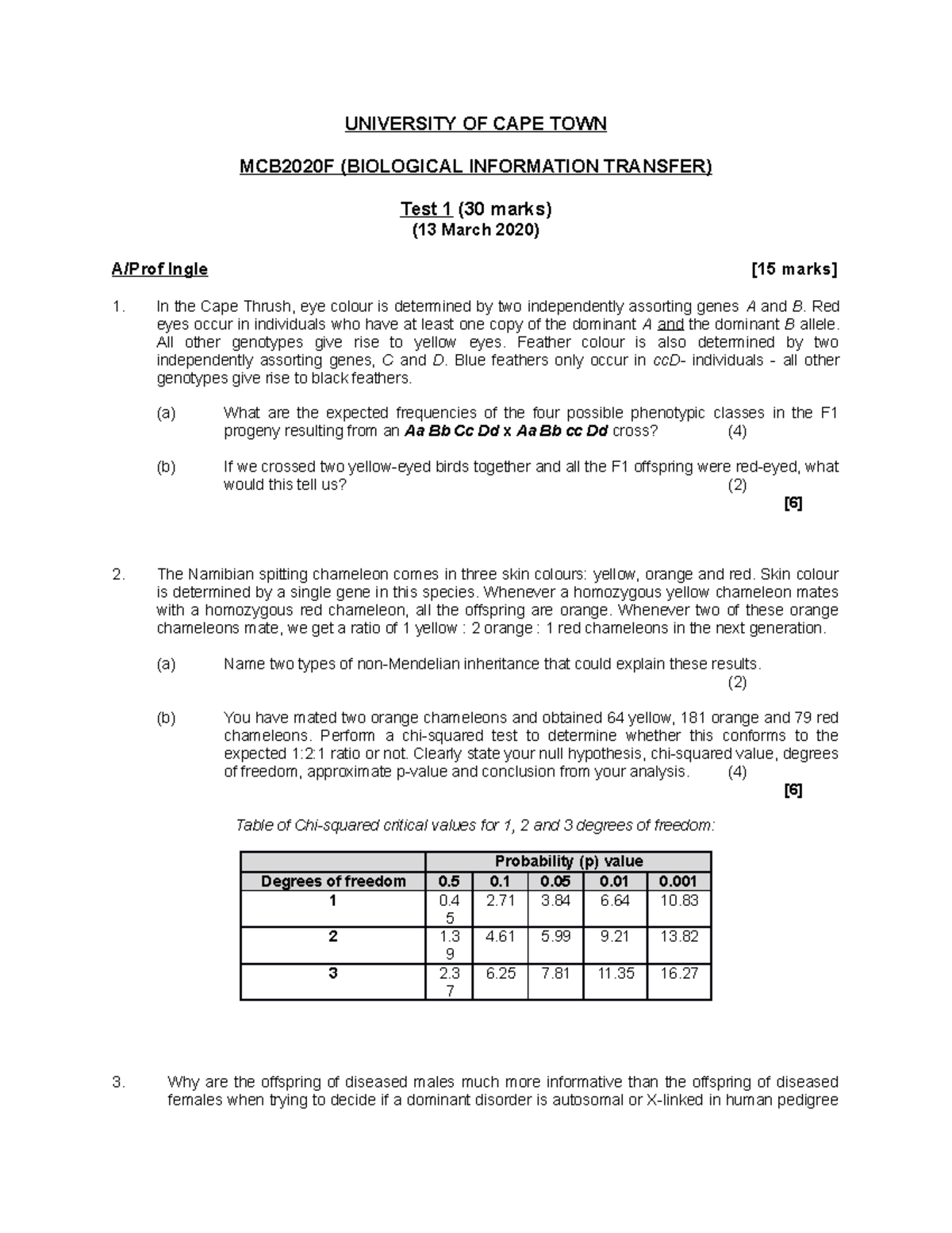 MCB2020F Test 1 - 2020 - Final Year Examination, Including All Topics ...