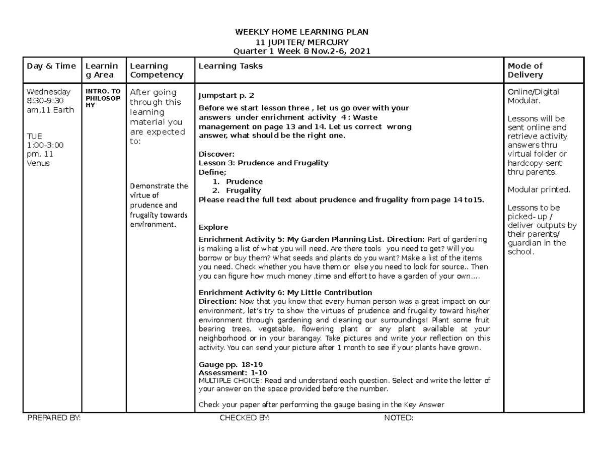 Sample Of Weekly Learning Plan 2022 Login Pages Info
