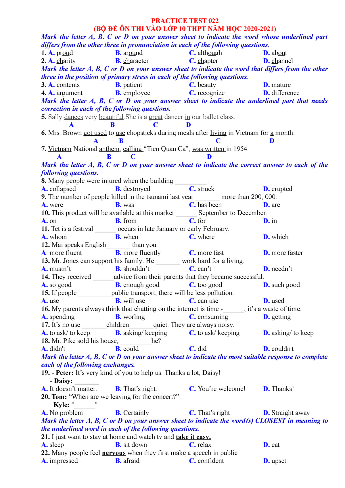 22. Practice TEST 022 - Tiếng Anh Thi Vào 10 - PRACTICE TEST 022 (BỘ ĐỀ ...