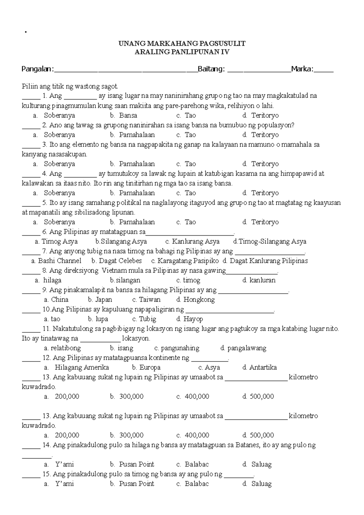 1st AP Grade 4 - FOR EDUCATIONAL PURPOSES - UNANG MARKAHANG PAGSUSULIT ...