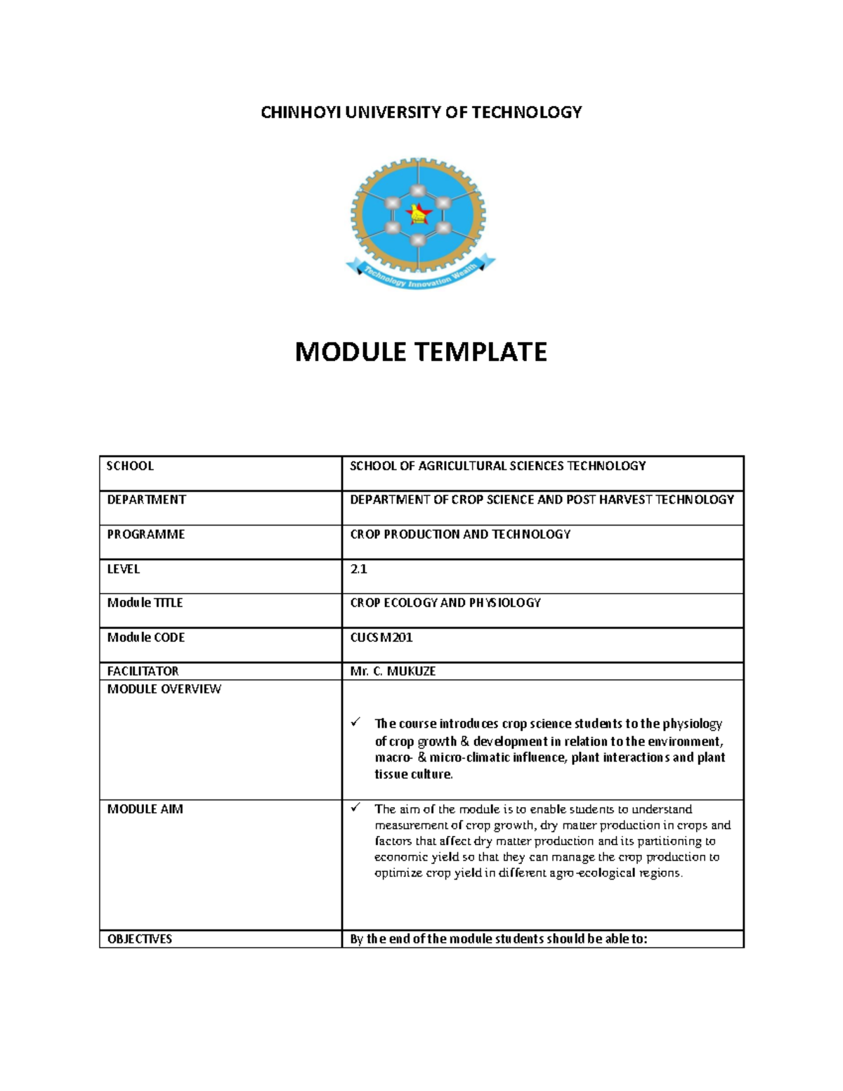 Module Study guide Crop Ecology and Physiology - CHINHOYI UNIVERSITY OF ...