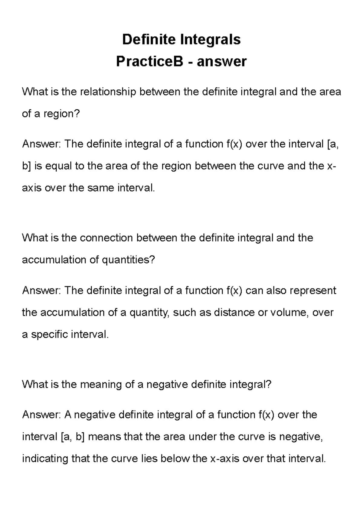 Definite Integrals Practice B - Answer - Definite Integrals PracticeB ...