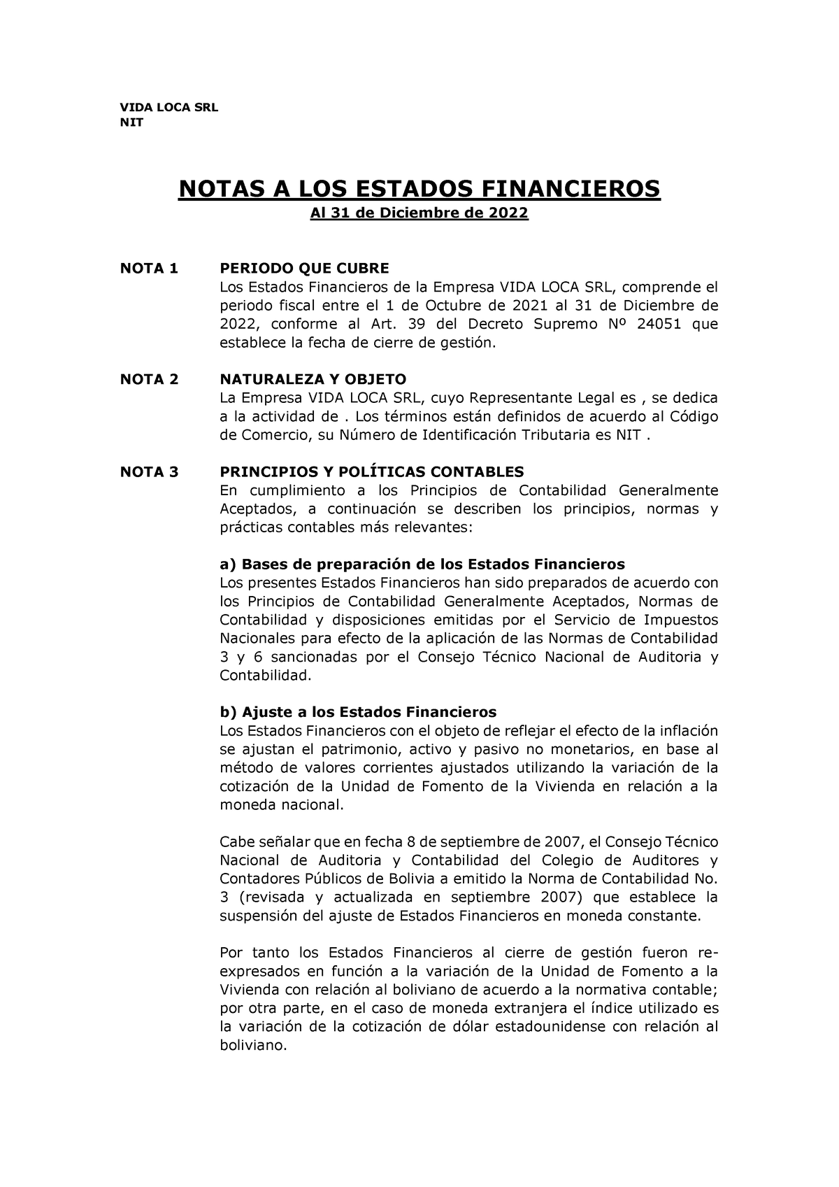 Notas A Los Estados Financierosacion 1 Vida Loca Srl Nit Notas A Los Estados Financieros Al 31 4529