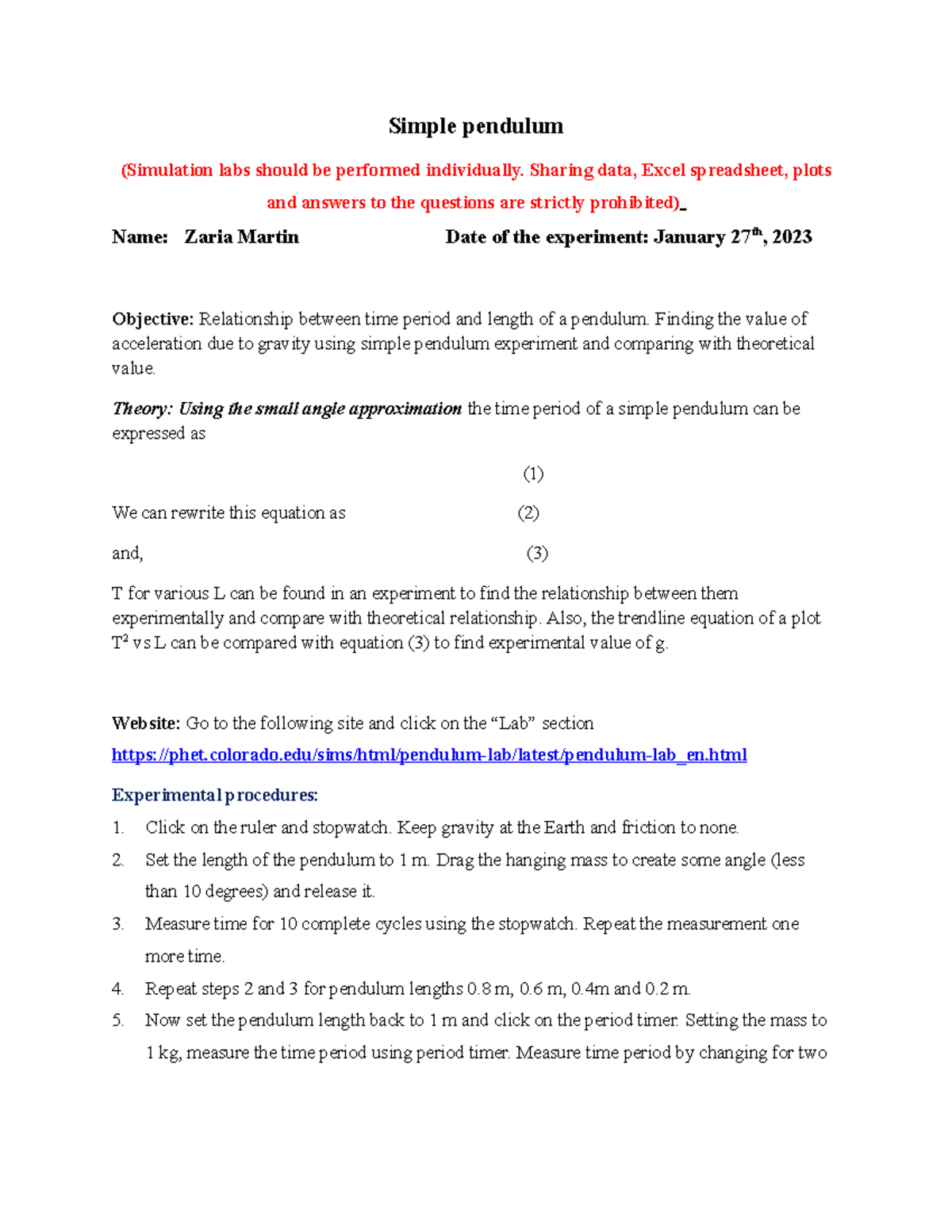Lab2 Simple Pendulum simulation Phys165 - Simple pendulum (Simulation ...