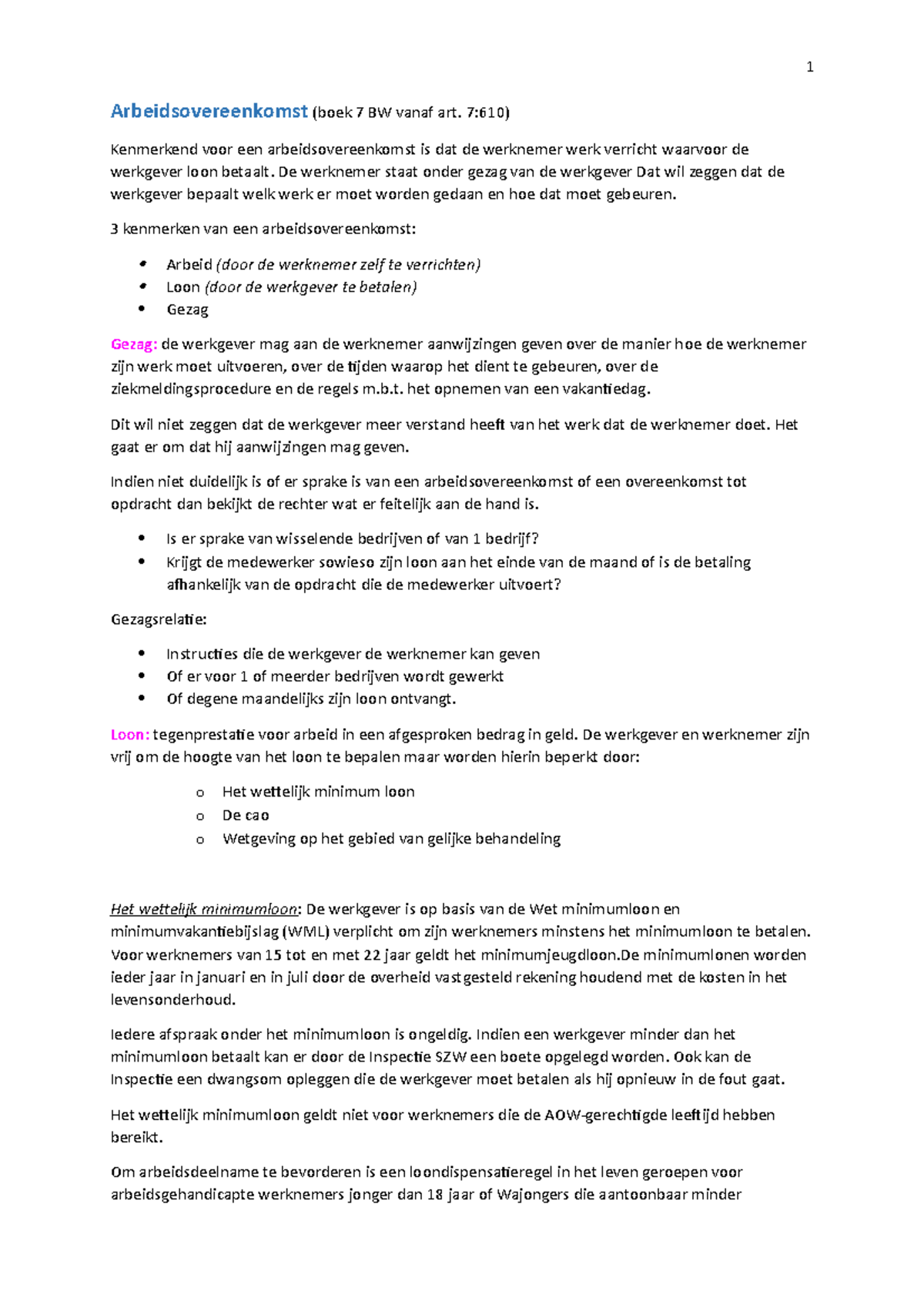 Complete Samenvatting Arbeidsrecht - 1 Arbeidsovereenkomst (boek 7 BW ...