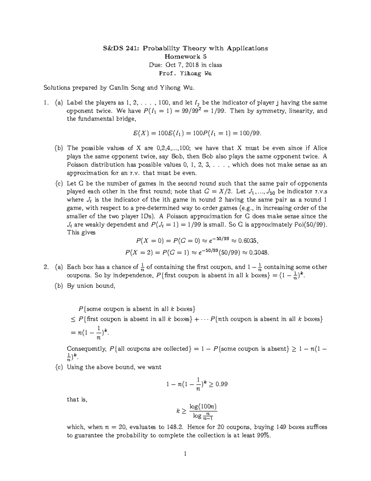 Hw5 solutions - hw 5 - S&DS 241: Probability Theory with Applications ...
