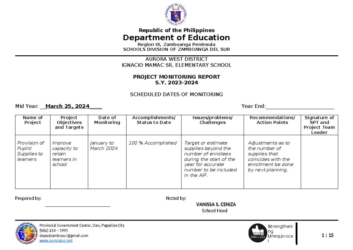 PMR- Ignacio - Project Monitoring Report of School - Strengtheni ng ...