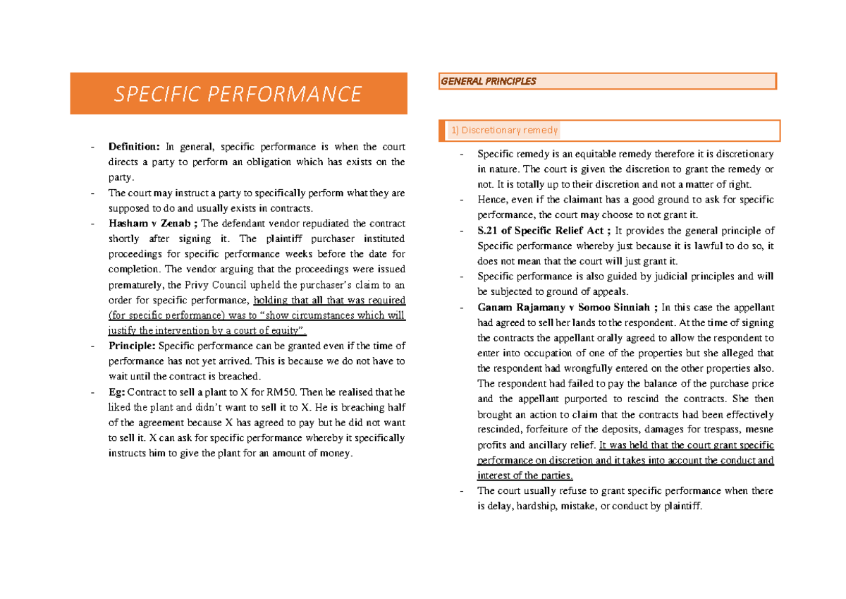 Specific Performance Lecture Notes 5 SPECIFIC PERFORMANCE 