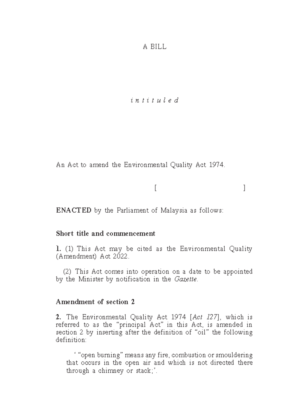 Environmental Quality Act 2024 Bill Environmental Quality (Amendment