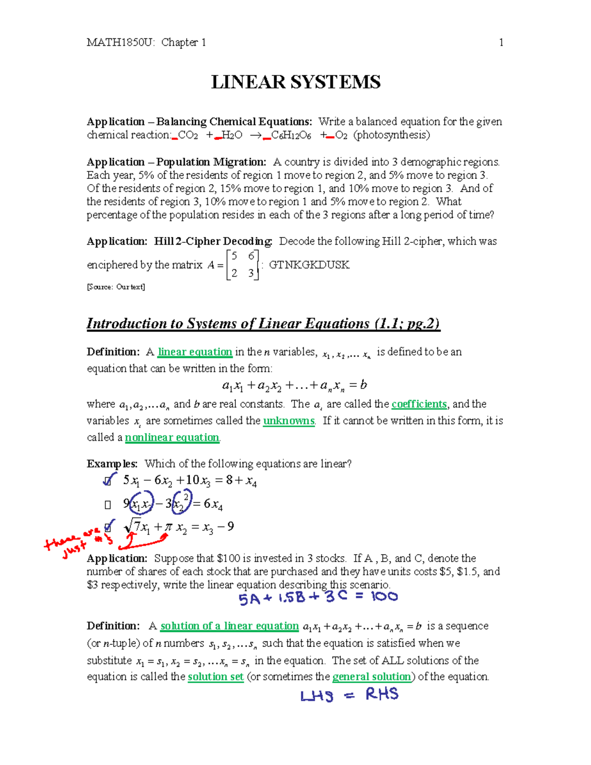 Week 0 (1 - Lecture 1 - MATH1850U: Chapter 1 1 LINEAR SYSTEMS ...